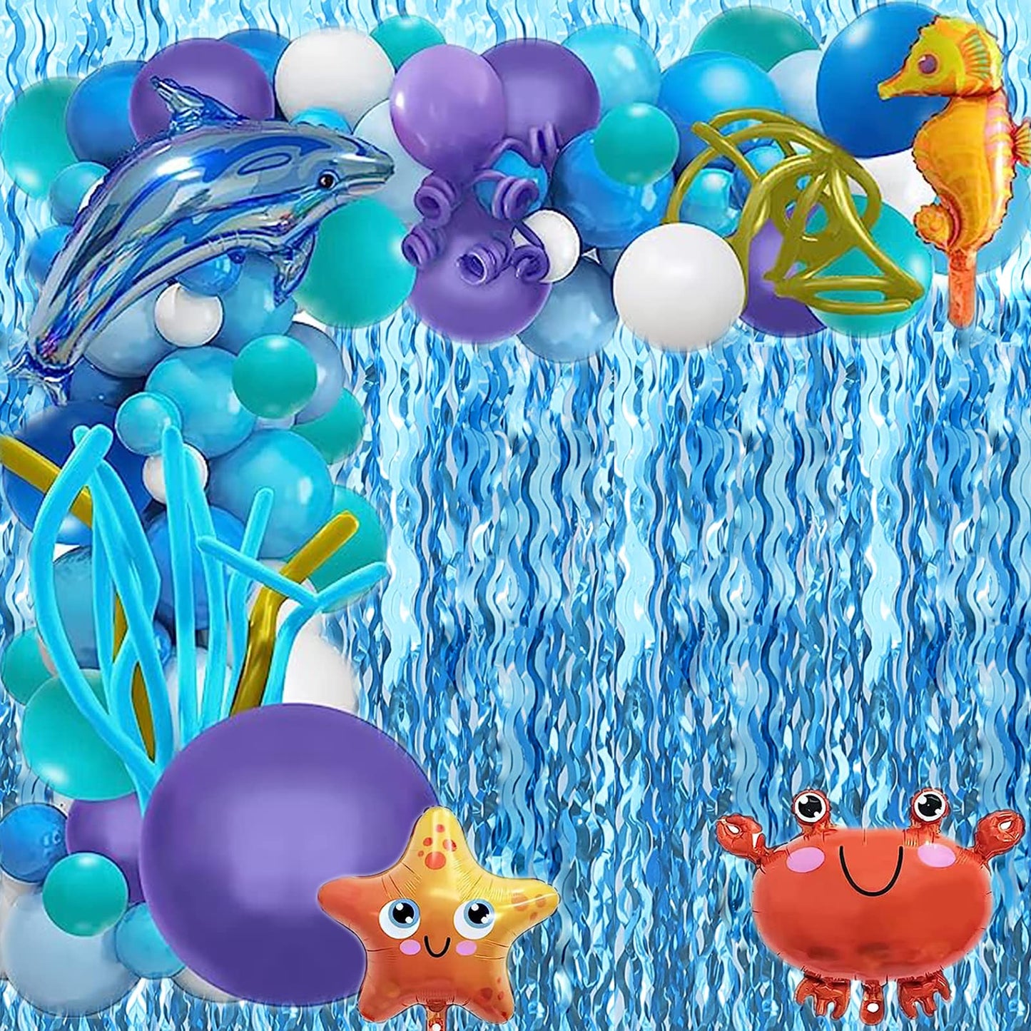 Wavy Tinsel Foil Fringe Curtains Teal Blue Streamers Backdrop for Ocean Themed Party Blue Birthday Under The Sea Party Decorations(2 Pack,3.2 ft x 6.6 ft)