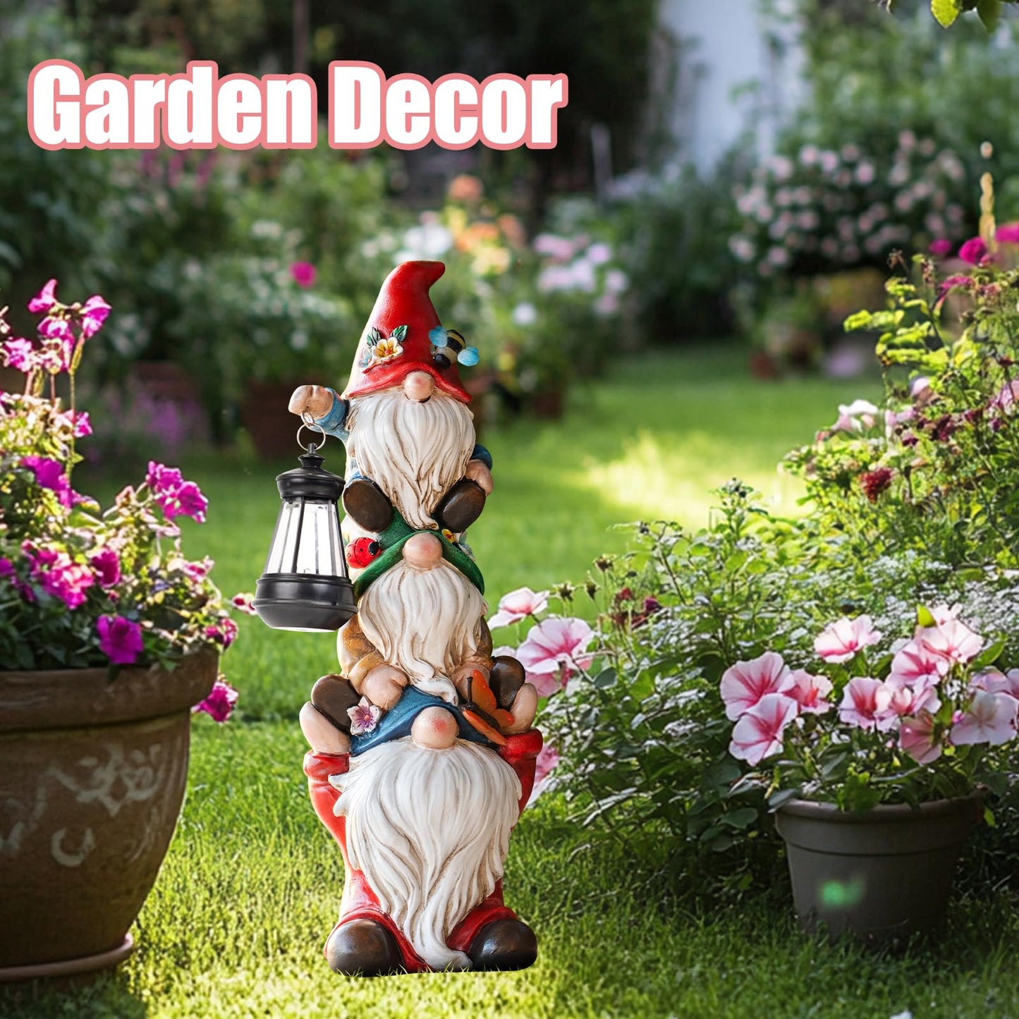 twinbling Garden Gnome Statue with Solar Lights Garden Sculptures Funny Triple Gnome Outdoor Patio Lawn Yard Balcony Home Decor Birthday Gift for Mom Woman Grandma 12 in Mothers Day Gnomes