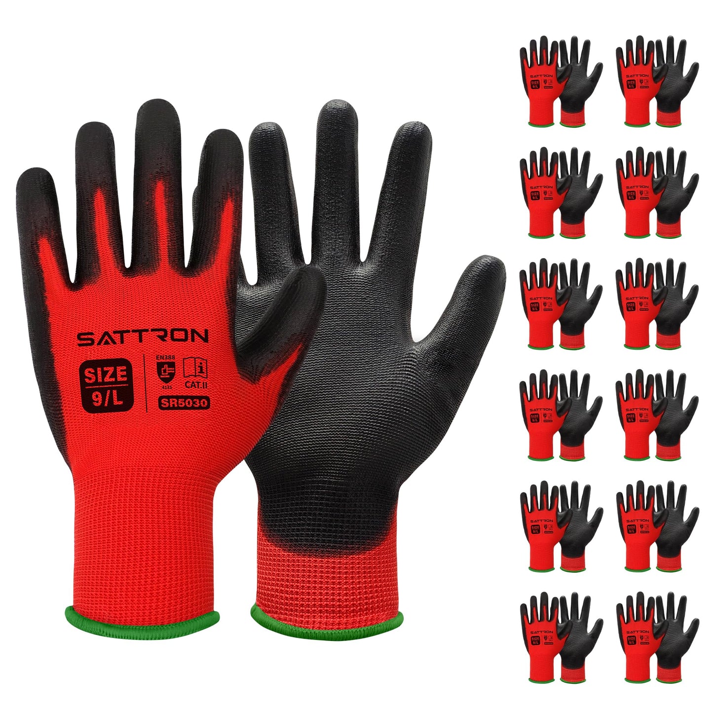 SATTRON Safety Work Gloves PU Coated, 12 Pairs Seamless Knit Gloves with Polyurethane Coating Working Gloves Excellent Grip for Men & Women, Breathable, Ideal for General Duty Work DIY (Red, Large)