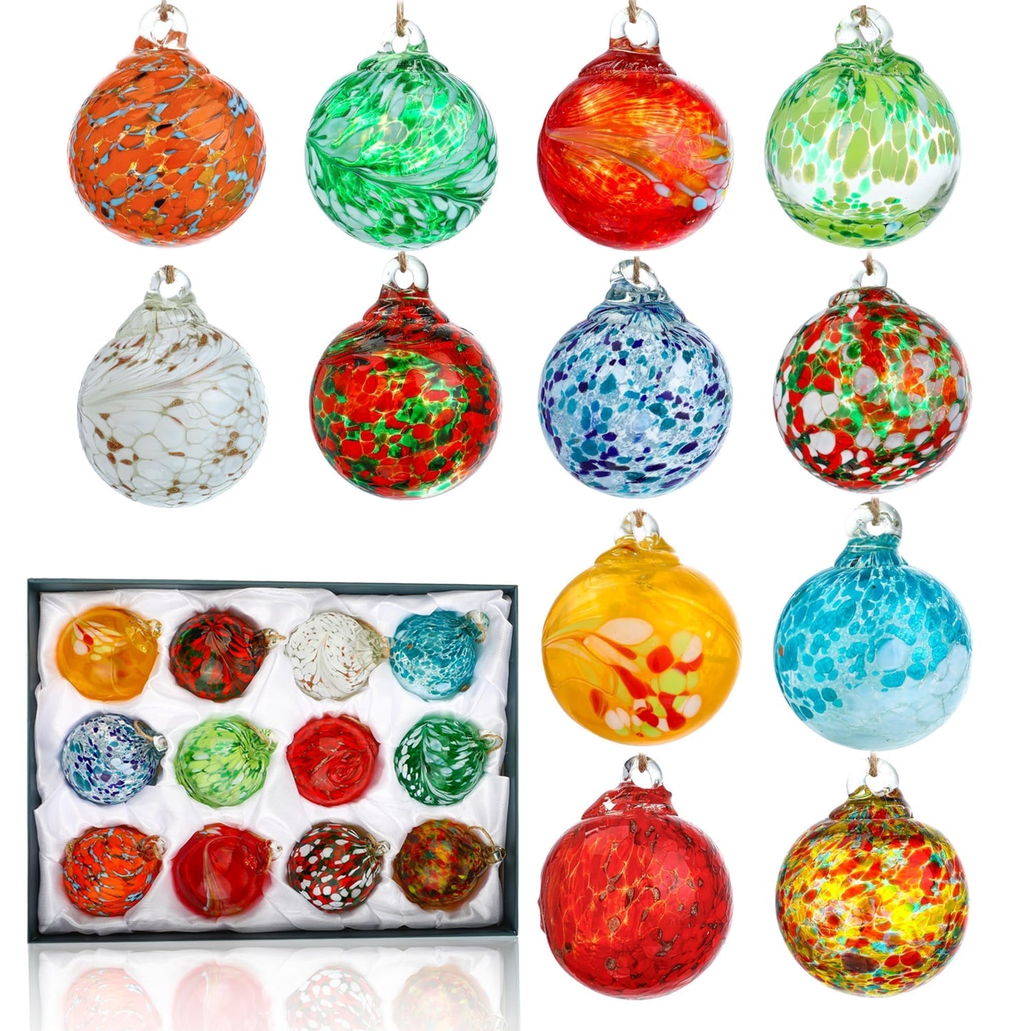 Set of 12 Hand Blown Glass Ball Ornaments Decorative Hanging Ornaments Glass Gazing Balls Witches Balls Decor for Outdoor Patio Garden Window