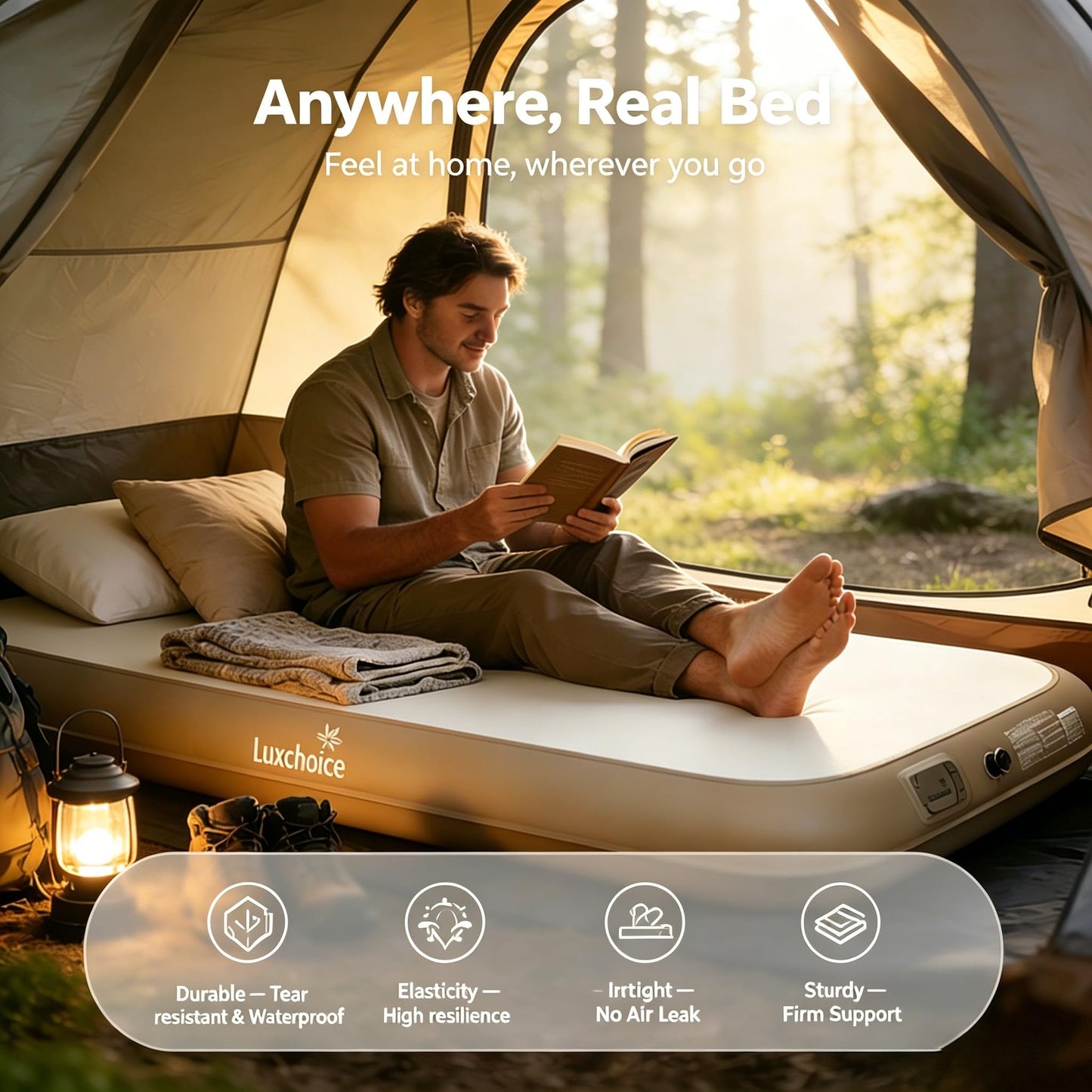 Camping Air Mattress Twin with Built in Pump No Air Leak 2 Mins Upgraded Inflatable Mattress Adjustable Firm 8'' Drop Stitch Fabric Blow up Mattress Support 1100LBS Portable Home Guests Camping Travel
