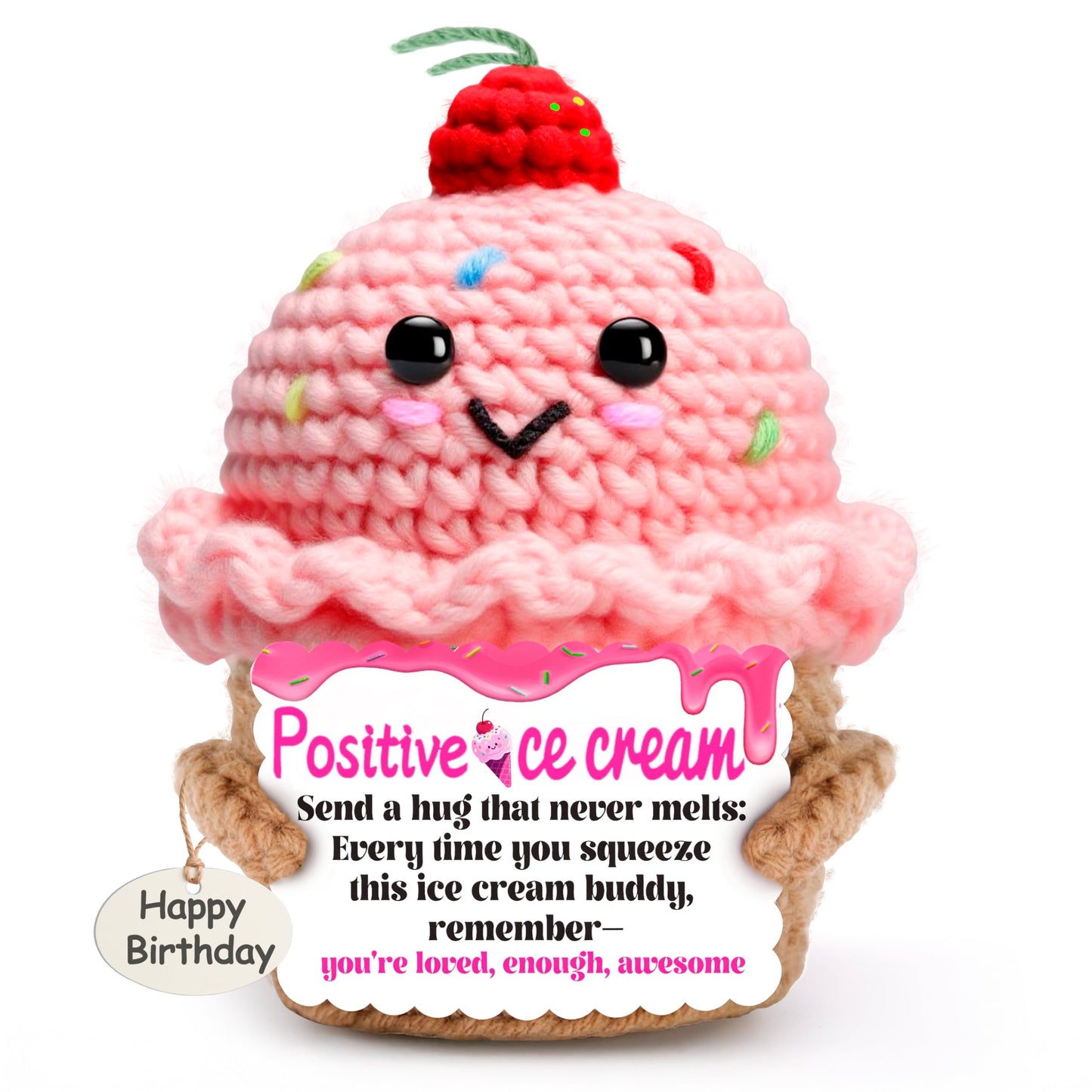 MLZTINGR Happy Birthday Gift for Women – Handmade Crochet Ice Cream Plush, Cute Knitted Present for Mom, Daughter & Girlfriend – Positive Decorative Gift for Christmas or Home Décor