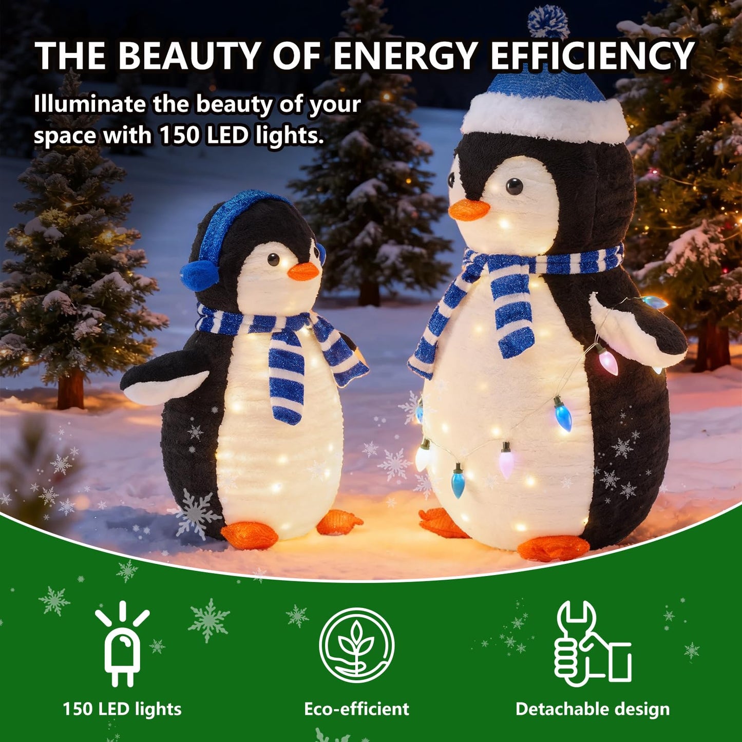 DUMOS 2-Piece Lighted Penguin Family Outdoor Christmas Decoration, Pop up Holiday Decor with 150 LED Lights for Yard, Garden, Storefront, White&Blue