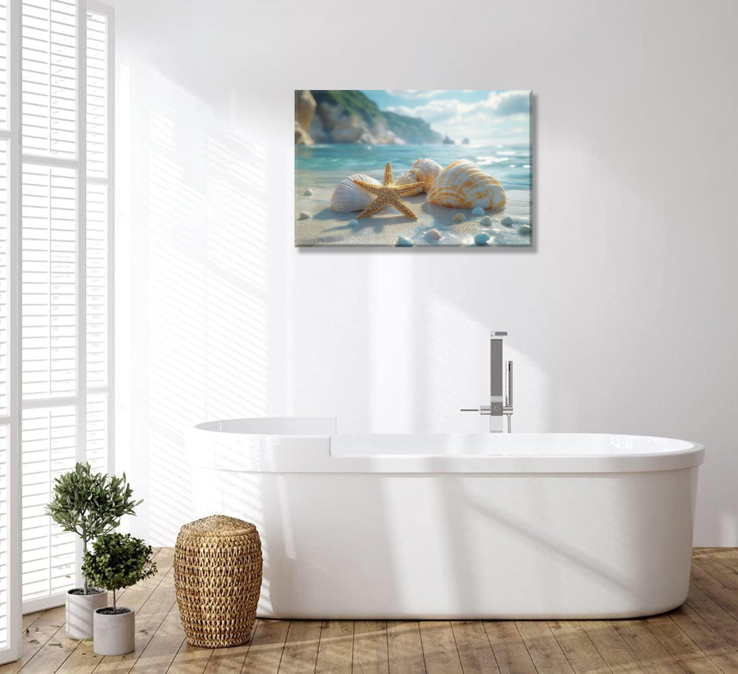 NGXIPUST Blue Coast Beach Canvas Wall Art Ocean Starfish Conch Seashell Paintings Pictures Wall Decor Summer Seaside Theme Poster Printing Artwork for Bathroom Bedroom Living Room Home Decoration