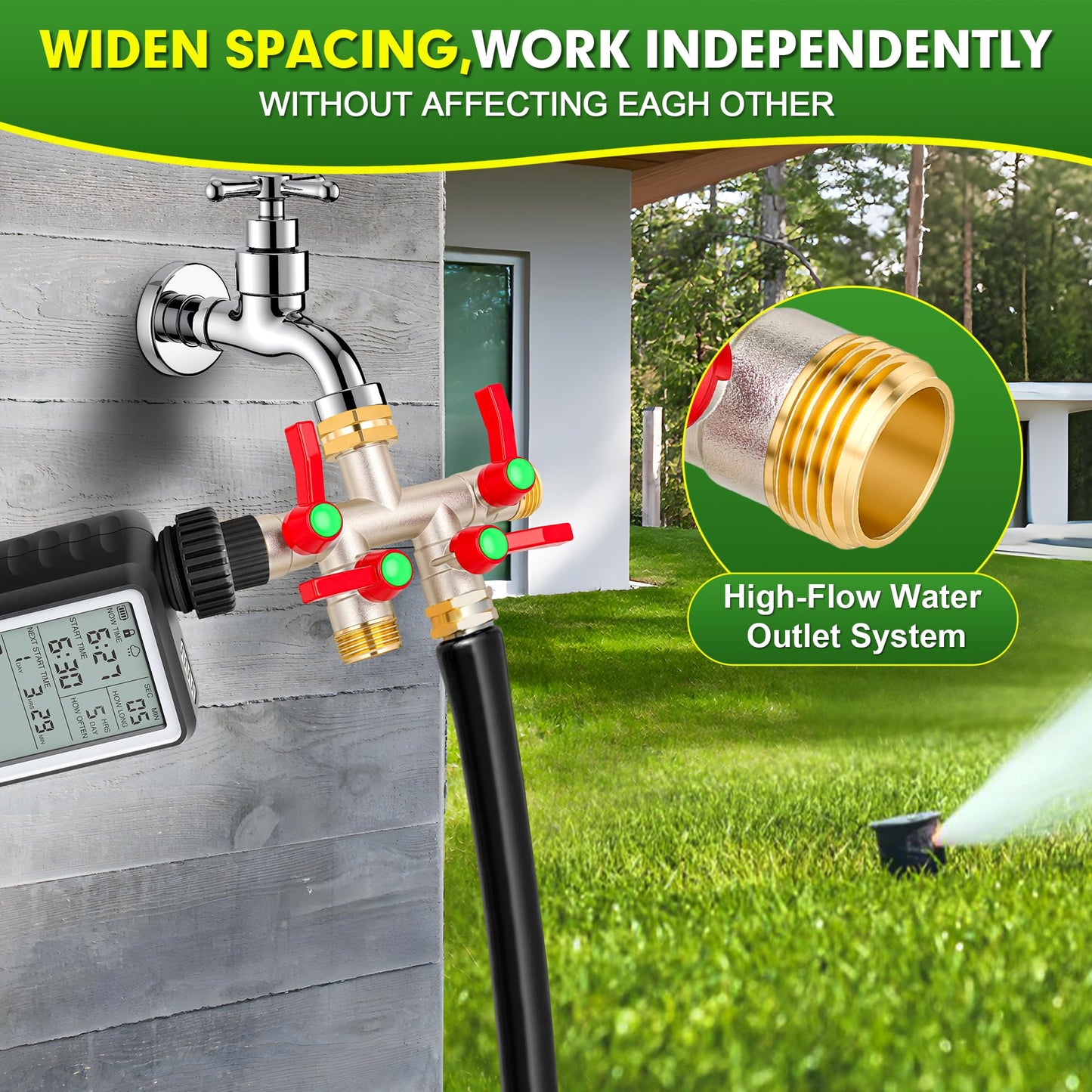 DINGBAI Hose Splitter 4 Way, High Flow Garden Hose Splitter, 3/4” Ght Inlet Brass Heavy Duty Hose Converter, Full Flow water 4 Way Faucet hose splitter, Long Handle Hose Valve Large Outlet.