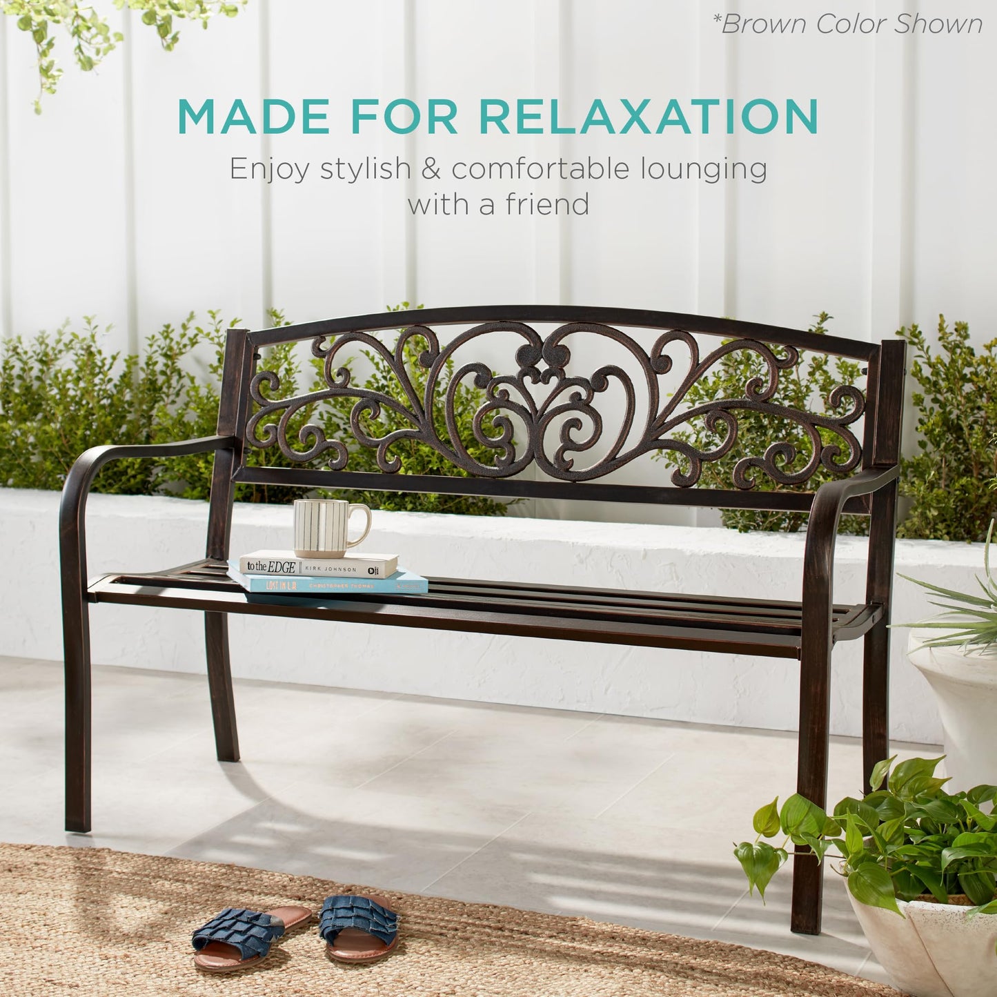Best Choice Products Outdoor Bench Steel Garden Patio Porch Furniture for Lawn, Park, Deck w/Floral Design Backrest, Slatted Seat - Red