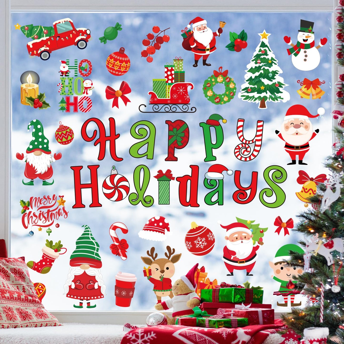 Whaline 9 Sheets Christmas Window Cling Stickers Xmas Santa Reindeer Cartoon Reusable Window Decals for Holiday Party Home Office Classroom Decoration
