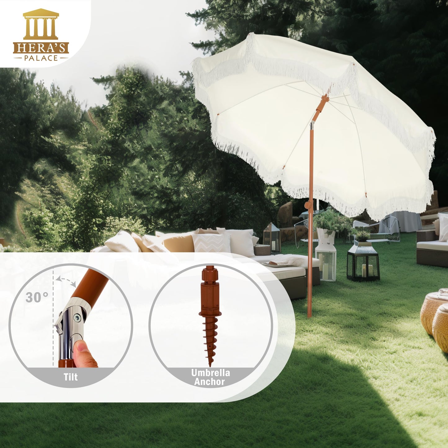 HERA'S PALACE 7 ft Heavy Duty Beach Umbrella with Sand Anchor, Fringe Umbrella for Sand, UV 50+, Patio Umbrella with Tilt Pole for Garden Pool Backyard