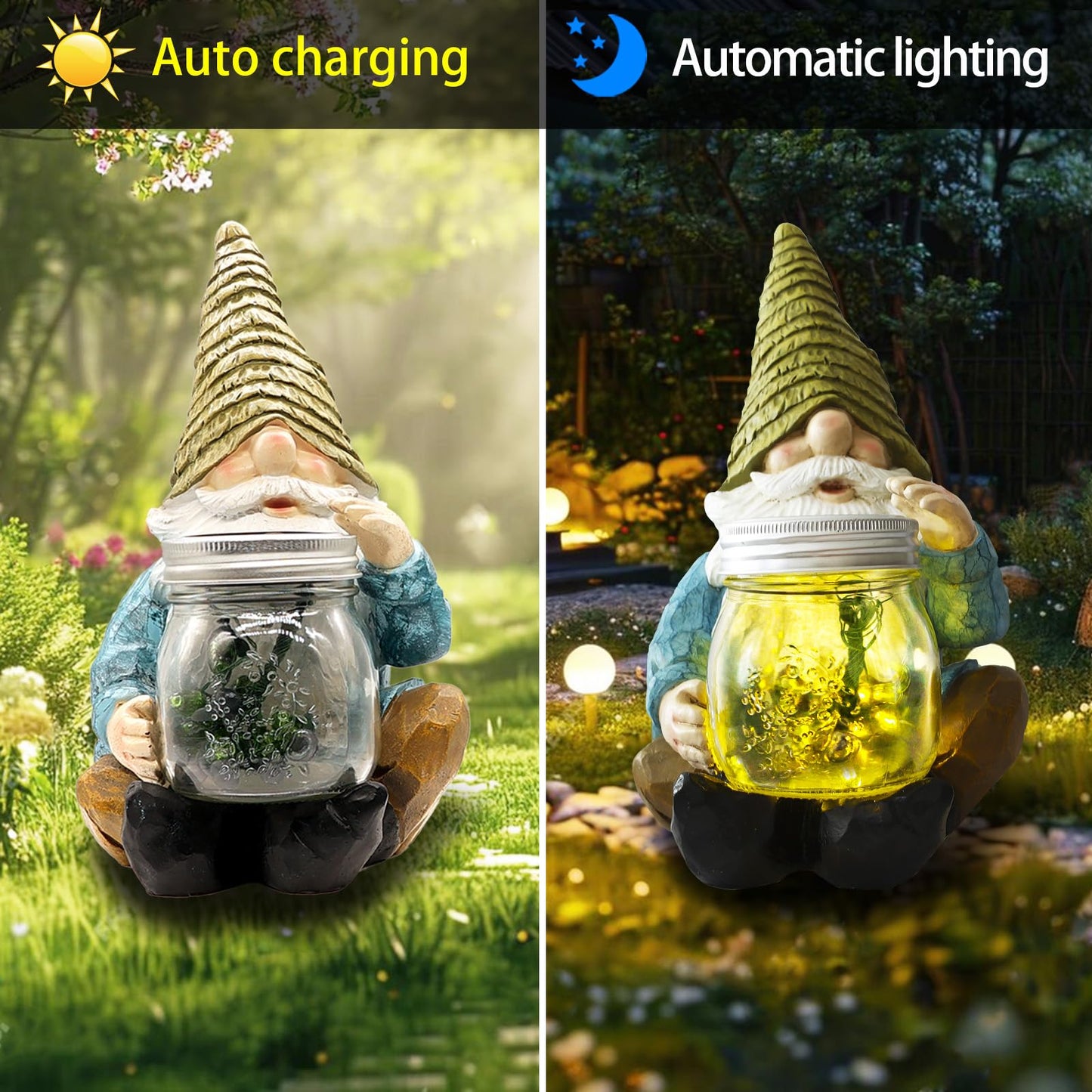 Vcdsoy Solar Firefly Jar Gnome Waterproof, Mother's Day,Birthday Housewarming Gifts for Mom Women,Large Garden Gnome Funny Solar Outdoor LED Lights Resin Statues 10.6" Lantern Figurines Decorations