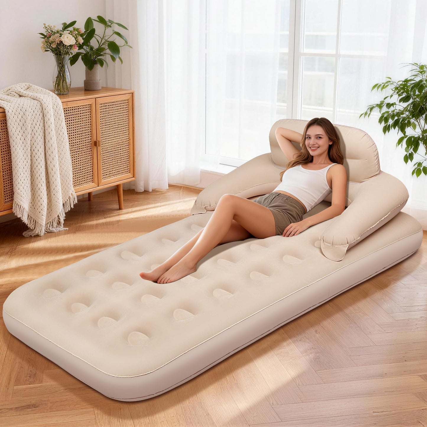 MeiLyte Inflatable Bed Twin Size, Inflatable Couch for Adults with Flocked Surface, Inflatable Air Mattress with Backrest, Comfortable Inflatable Sofa Bed, Inflatable Couch for Camping,Outdoor, Indoor