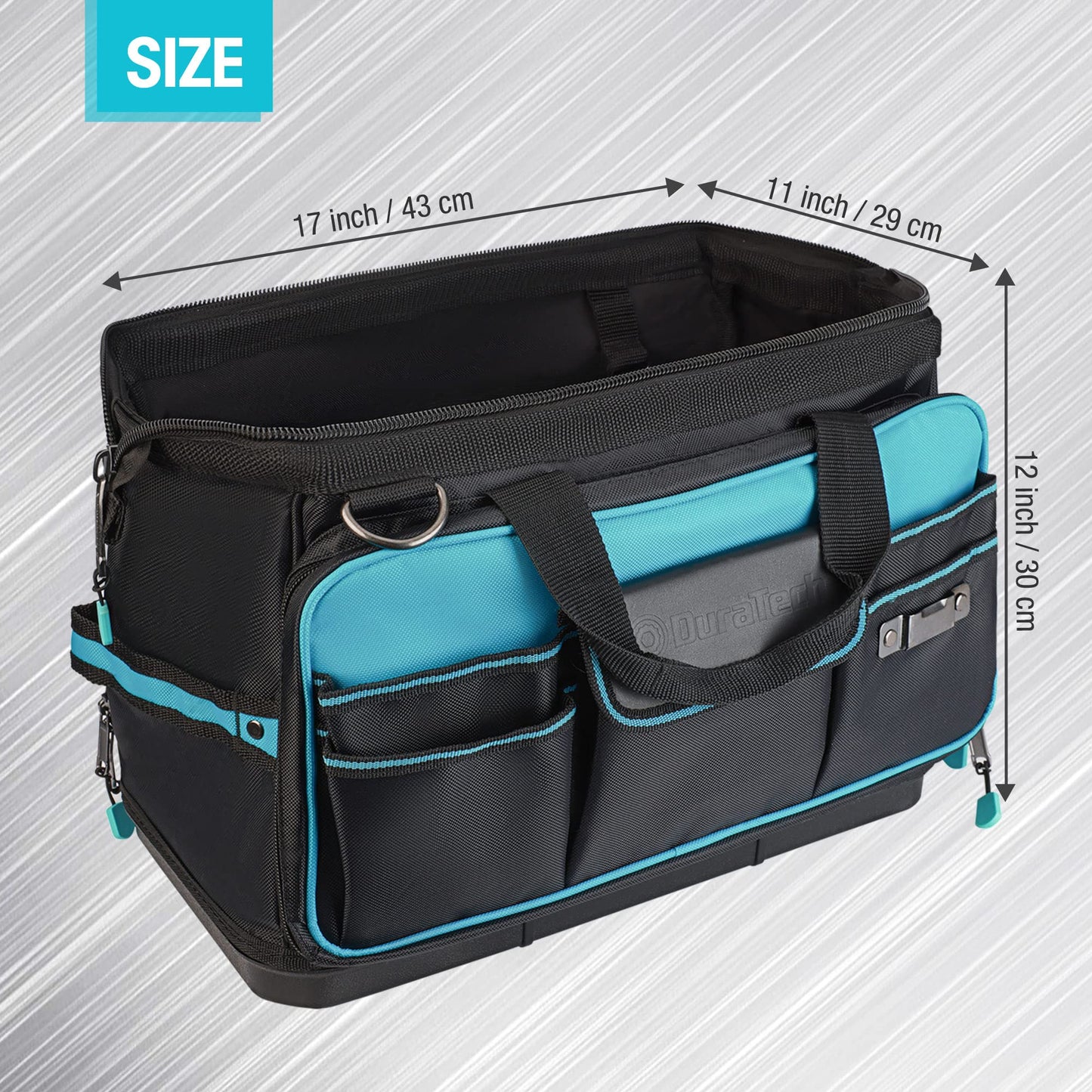 DURATECH 17" Wide Mouth Tool Bag, Large Storage 32 Pocket Tool Bag Organizer with Water Proof Molded Base, Adjustable Strap, Clip Design, 840D Oxford Fabric