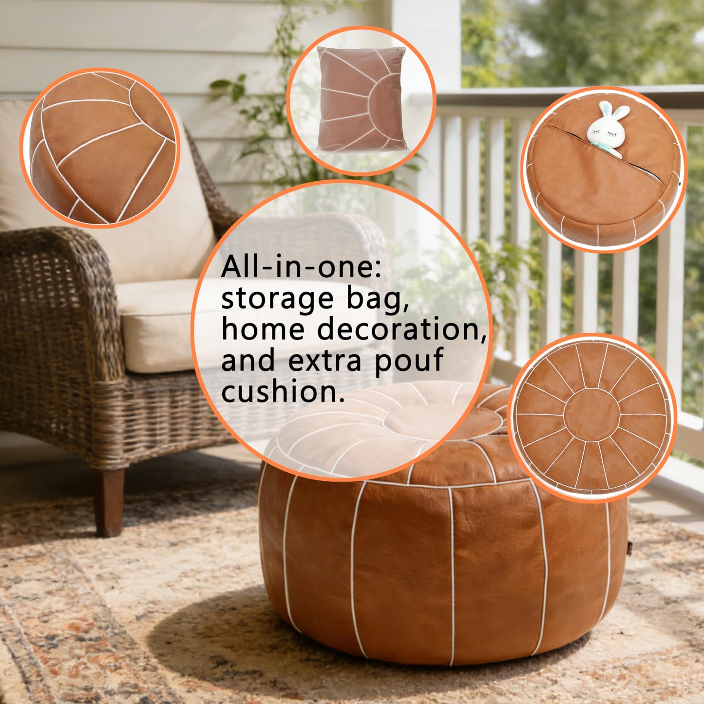 Thgonwid Unstuffed Moroccan Storage Pouf Foot Stool Ottoman Seat Handmade Faux Leather Bean Bag Floor Chair Foot Rest for Living Room, Bedroom or Balcony (Brown)