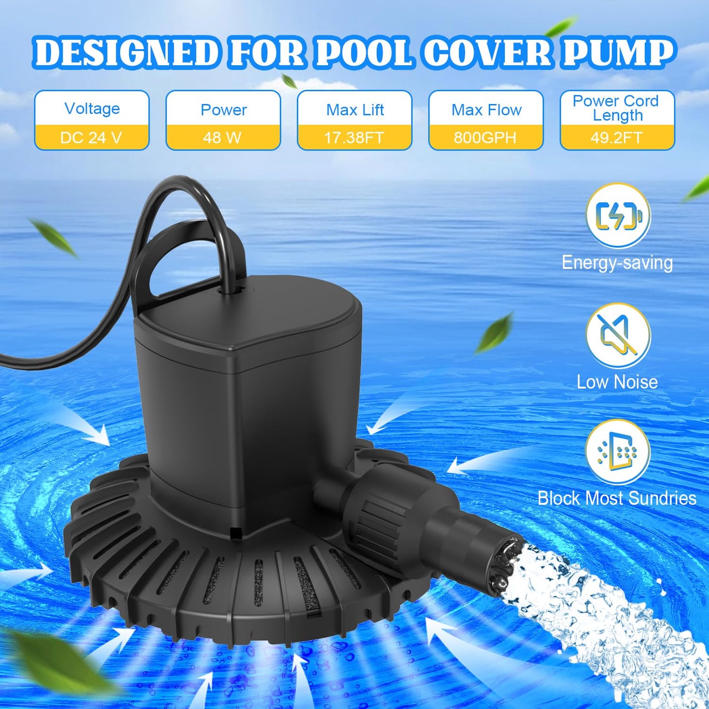 GAIZERL Pool Cover Pump, 3000L/H Automatic On Off Swimming Pool Cover Pump with 2 Garden Hose Adapters, 23ft Drainage Hose, and 49ft Power Cord, Submersible Water Pump for Pool, Tubs, and Water Beds