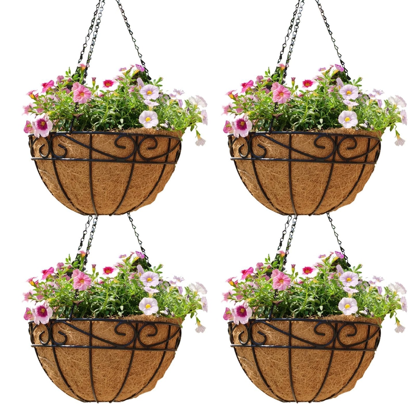 Qusuxi 4 Pack 12 Inch Hanging Baskets for Plants Outdoor Metal Hanging Planter Hanging Flower Baskets with Coco Fiber Liners Chain Round Wire Plant Holder Flower Pots(Plaid)