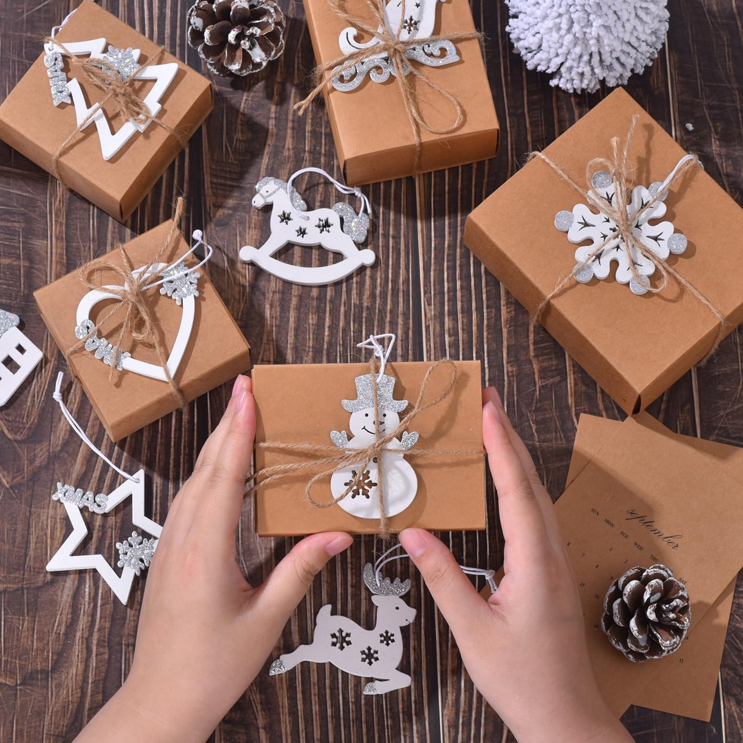 27Pcs Pieces Christmas Wooden Tree Decorations, White Silver Hanging Ornaments Set, Winter Holiday Party Snowflake Elk Snowman Decor Crafts for Xmas Wonderland Home Door Wall Window Box (White Silver)