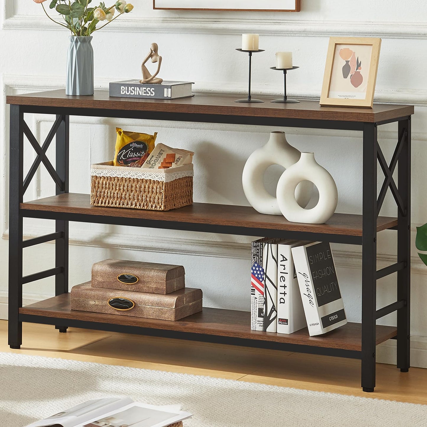 HOMBAZAAR Sofa Table,Industrial Console Table with Storage,Entryway Table with Engineered Wood and Metal,Rustic 3 Tier Shelf for Living Room,Hallway,Brown,47 Inch