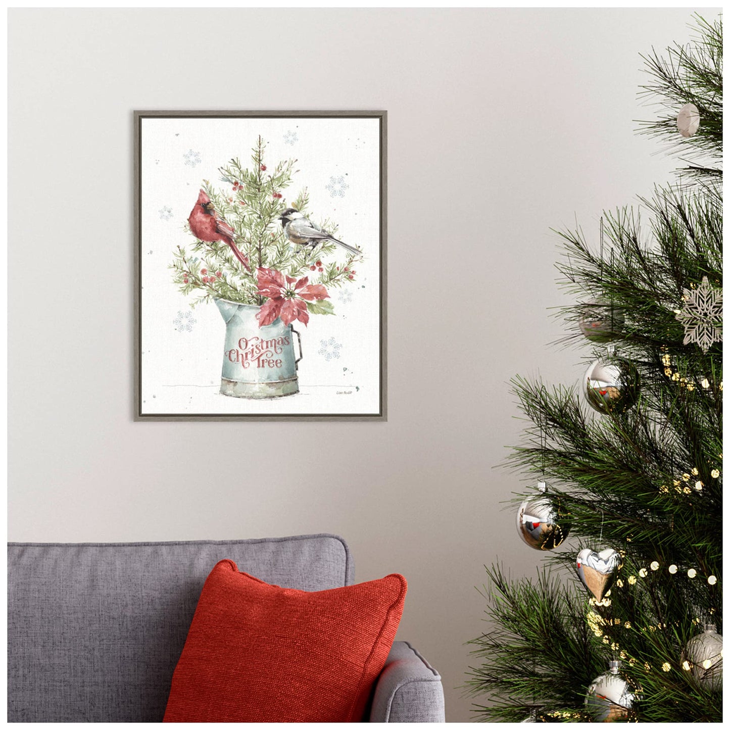 Amanti Art Framed Canvas Wall Art 20x16 A Christmas Weekend II with Chickadee by Lisa Audit, Framed Wall Art Canvas, Holidays Artwork, Rustic Farmhouse Decor, Small Painting for Living Room, Bedroom