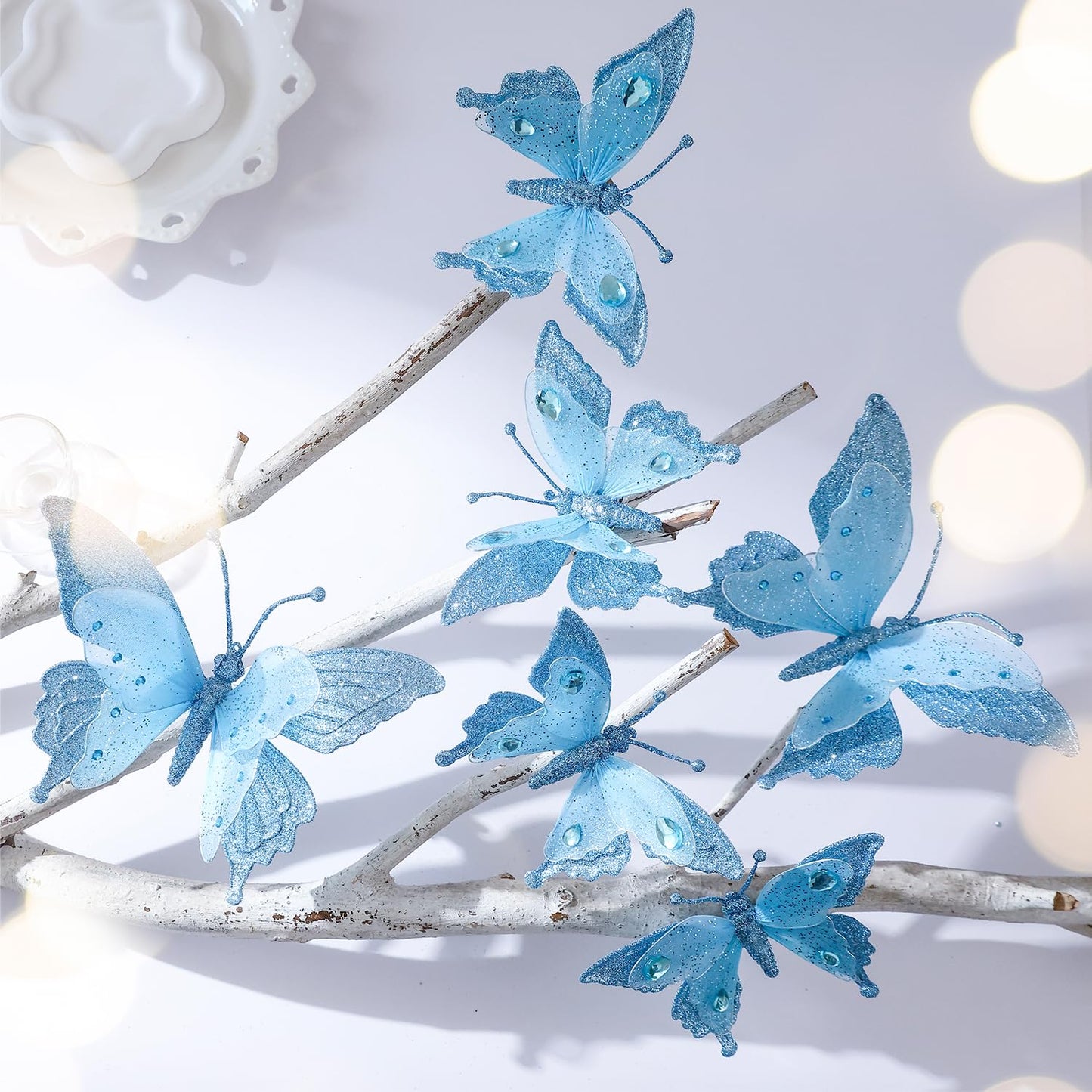 3D Glitter Christmas Butterfly Ornaments, 6 Pack Hanging Butterfly with Clip for Christmas Tree Decoration, Indoor Christmas Decoration (6, Blue &Diamonds)