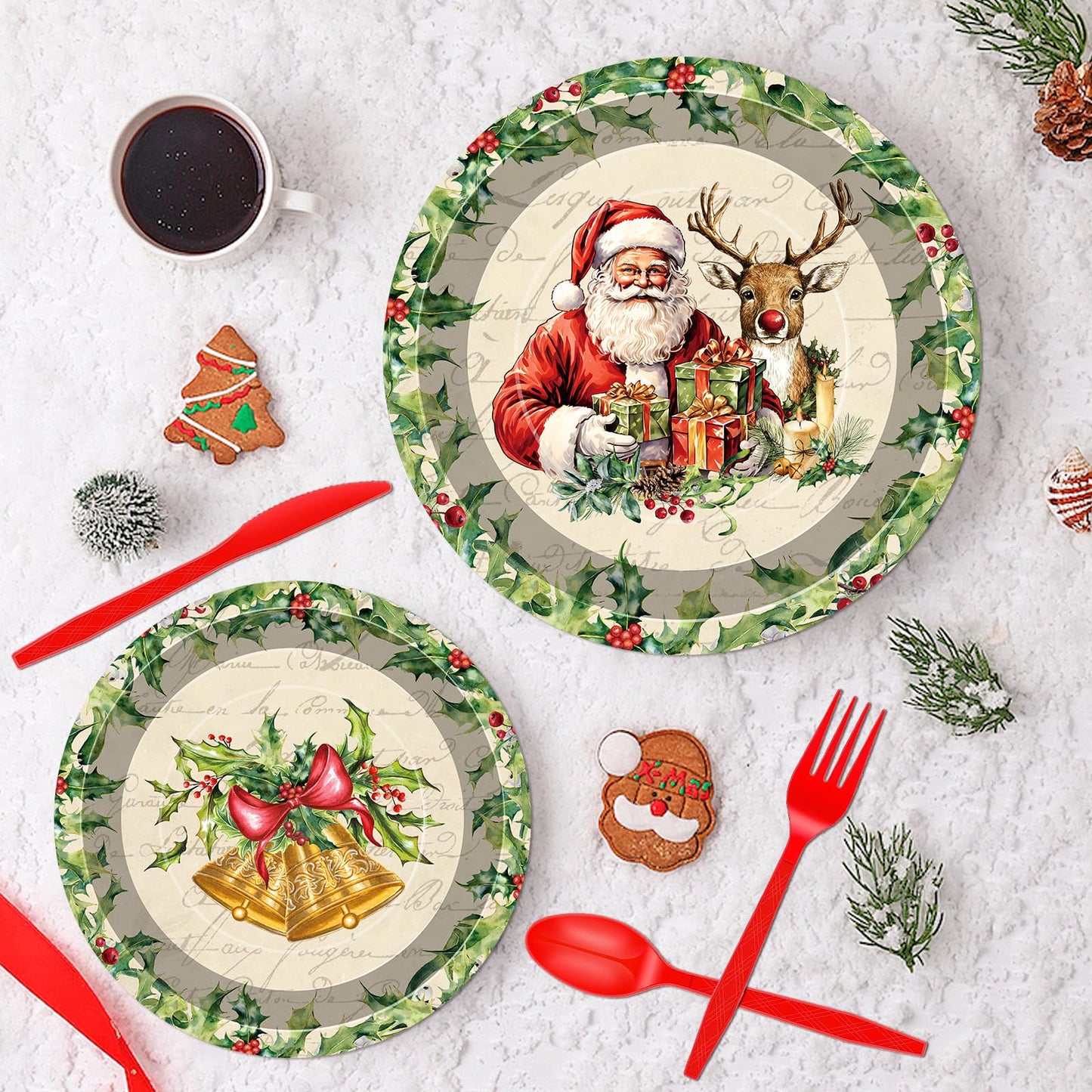 140 Pcs Christmas Party Supplies Set, Disposable Dinnerware Set for 20 Guests Includes 7 & 9 Inch Santa & Reindeer Paper Plates, Napkins, Cups, Forks, Spoons, Knives for Holiday Tableware