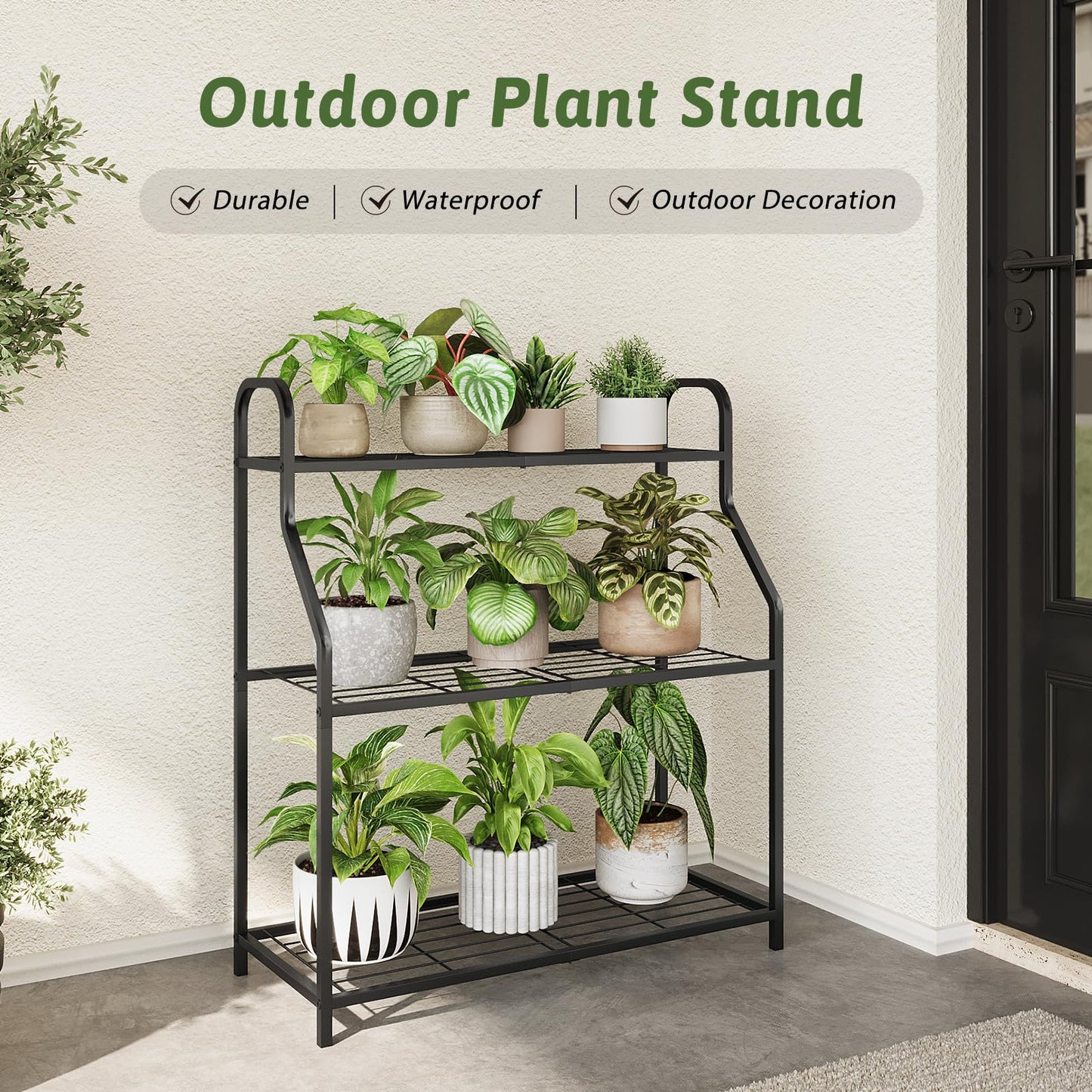 GENTINGBRO Plant Stand Outdoor 3 Tier Plant Stand Metal Plant Stands Waterproof Plant Holder Rack for Indoor Use Robust Flower Stand Plant Shelf for Living Room Balcony Garden Black