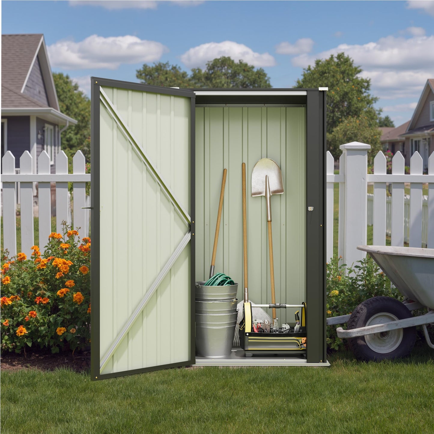 Patiowell 22 Cuft Outdoor Storage Cabinet, Metal Storage Shed with Lockable Door, Indoor Outdoor Vertical Waterproof Tool Shed Without Adjustable Shelves for Patio Garden Backyard, Black