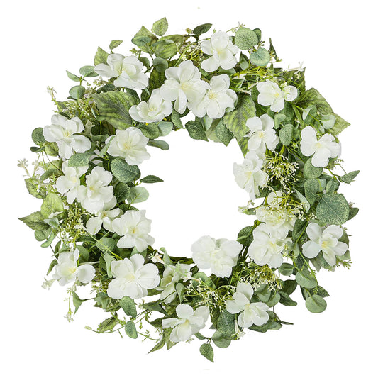 YNYLCHMX 18" Spring Summer Wreaths for Front Door, Artificial Floral Wreath with White Rose Flowers Green Eucalyptus Leaves, Green Foliage Wreath for Wall Window Farmhouse Party Holiday Home Decor