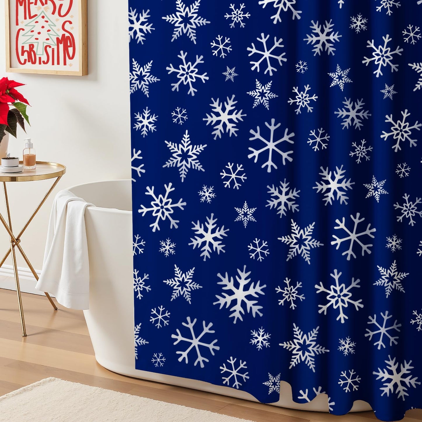Christmas Shower Curtain: Blue White Snowflakes Christmas Bath Shower Curtain Set with Hooks, Serene Winter Snowflake Merry Xmas Fabric Bathroom Decorations for Home Farmhouse Window Indoor Decor