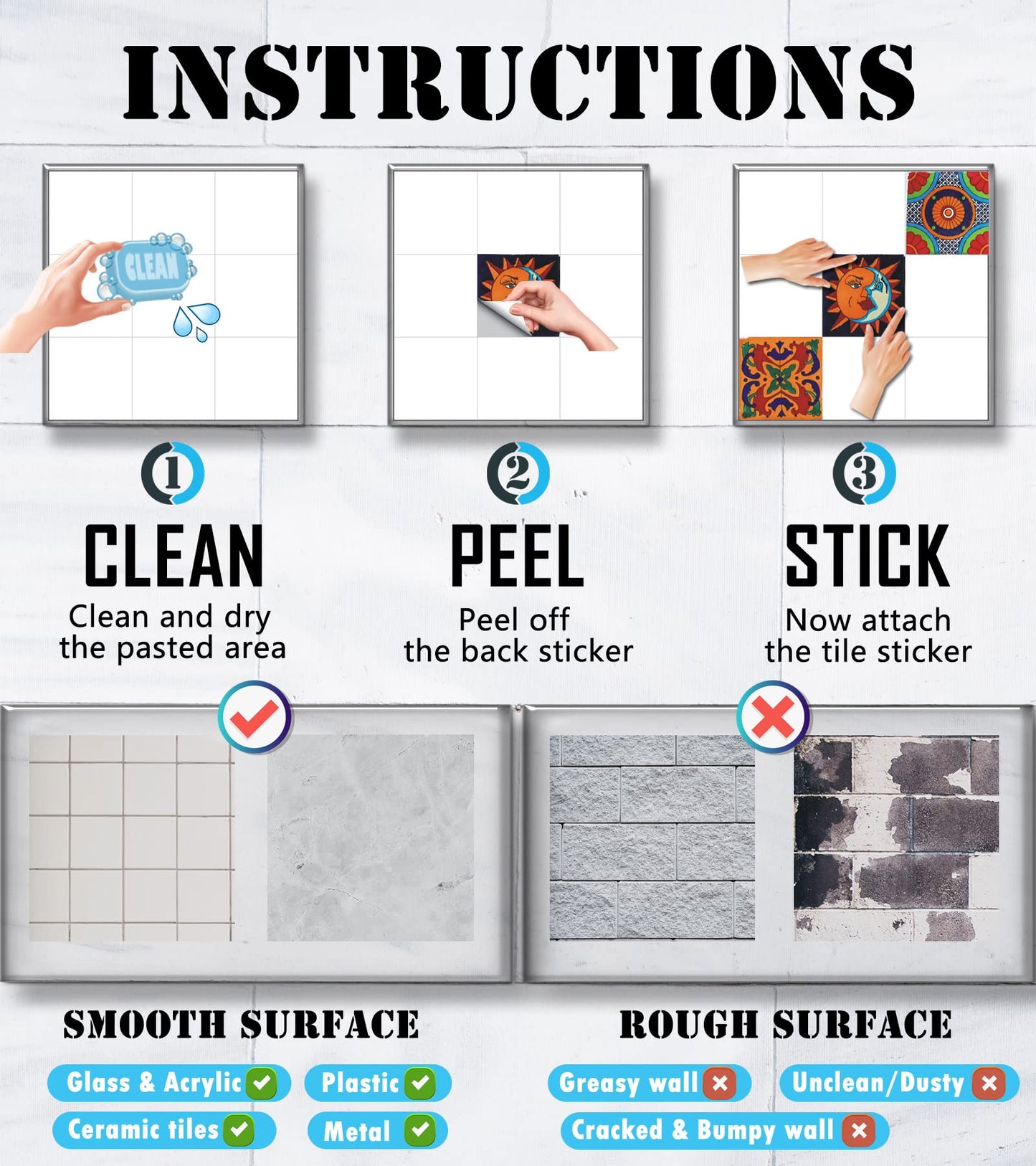 Tile Stickers Wall Decor Bathroom Kitchen Wall Sticker Waterproof PVC Decoration Stickers - 2D Sticker with Retro Design in Mosaic Style (Style-1, 4 x 4 Inch)