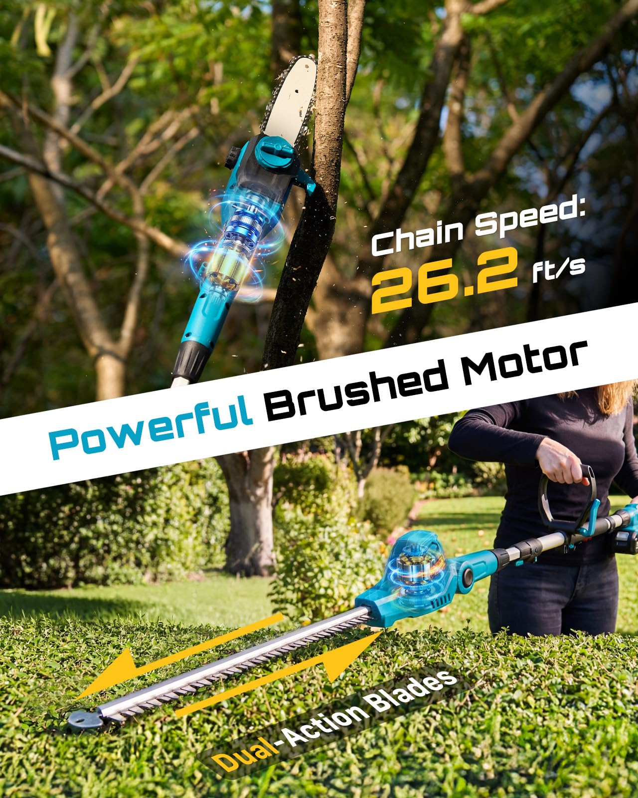SEESII 2-in-1 Cordless Pole Saw & Hedge Trimmer Combo, 8" Electric Pole Chainsaw with 2×4.0 Ah Batteries, 16-Inch Extension Pole Hedge Trimmer, Bush Tree Pruner Limb Branch Cutter, 15ft Long Reach