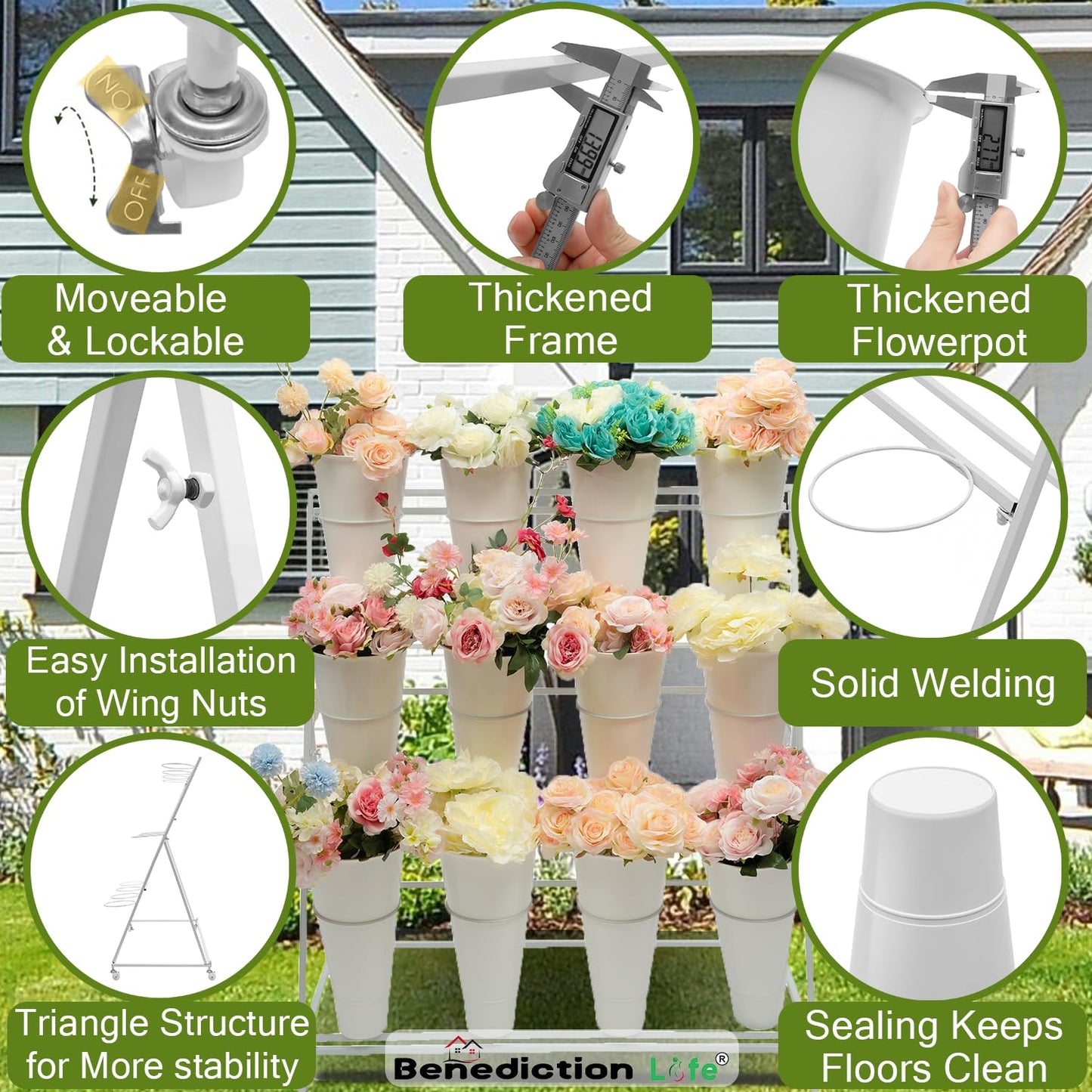 Benediction Life Flower Display Stand With Wheels,3 Layers Plant Cart with 12PCS Buckets,Heavy Duty Moving Flower Rack for Indoor, Outdoor Patio Garden, Living Room, Florist, Delivered in Two Packages