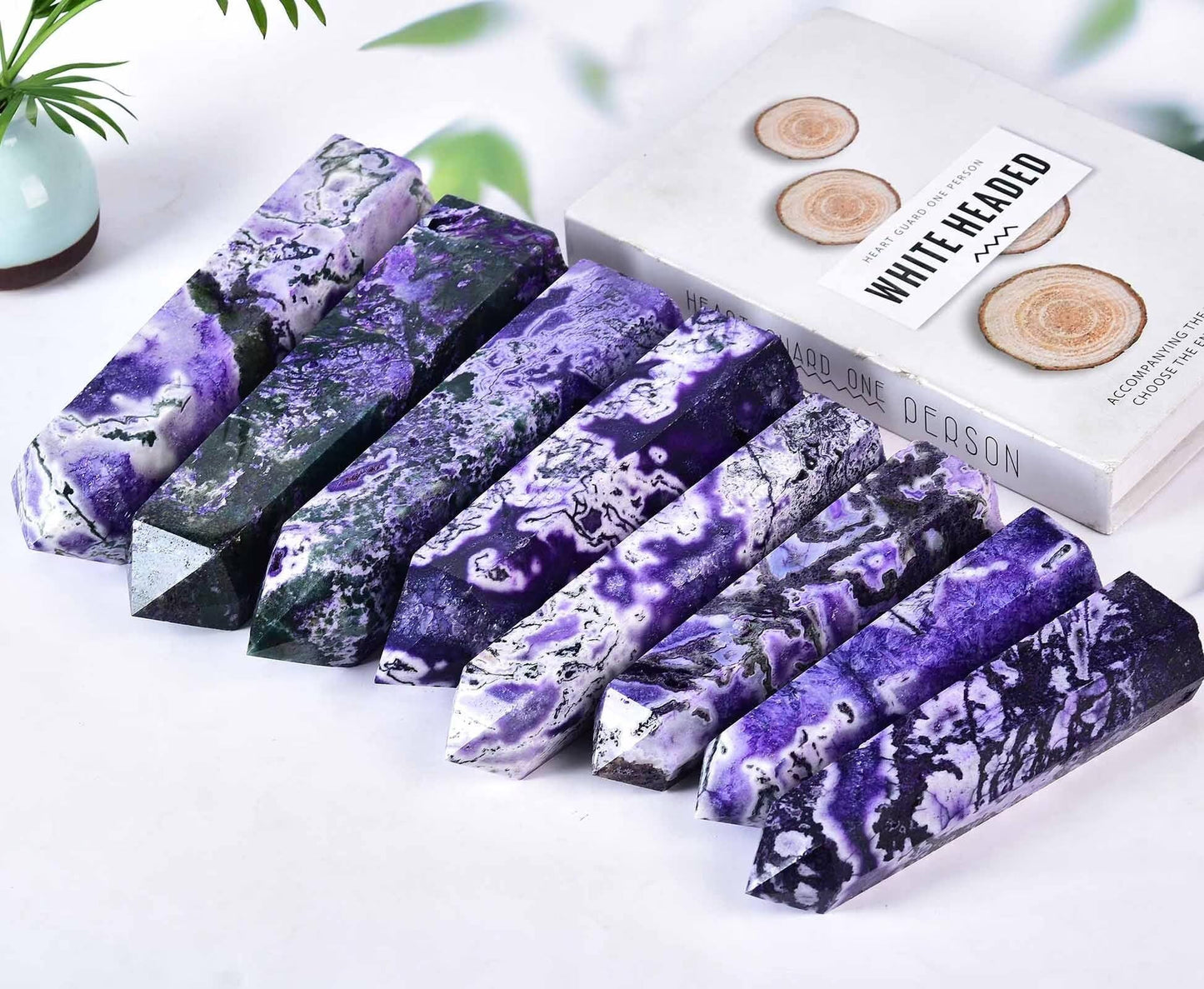 Purple Moss Agate Stone Tower Obelisk Healing Crystal Rock Point Wand Reiki Healing Gifts 1.1-1.7 LBS
