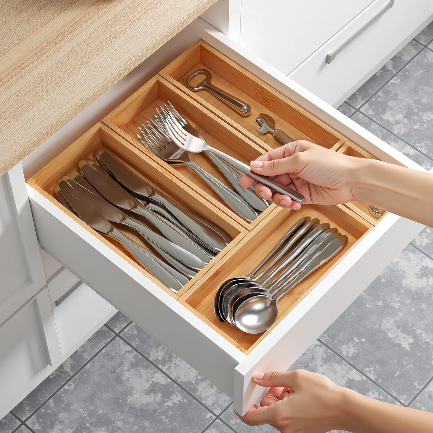 HUCINIUN Bamboo Drawer Organizer Boxes, 5 PCS Junk Drawer Organizer, Wooden Storage Trays for Kitchen, Bathroom, Office, Makeup