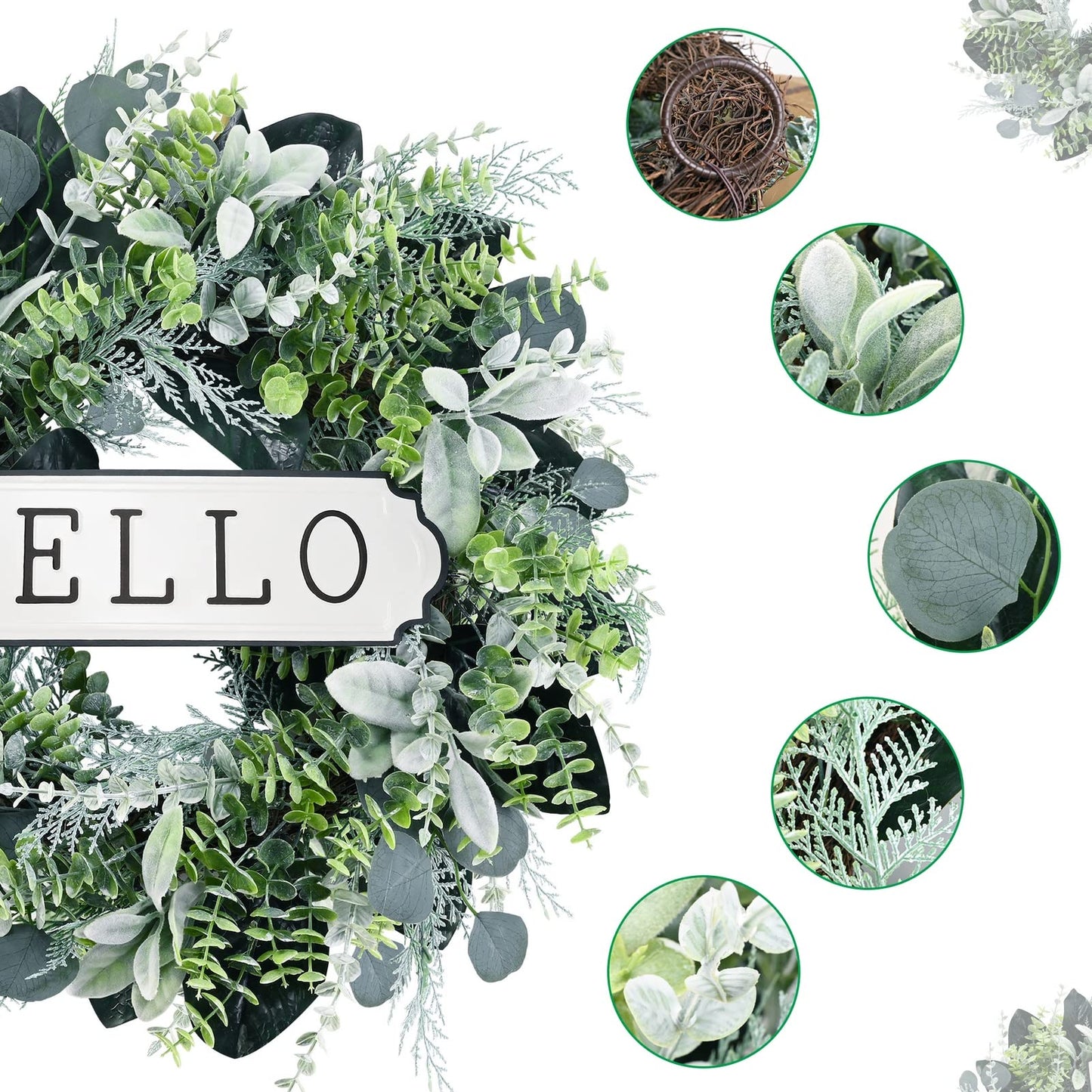 24'' Hello Door Wreath 24inch Boxwood Wreath Farmhouse Eucalyptus Flocked Lambs Ear Wreaths for Front Door Hanging Wall Window Party Decoration