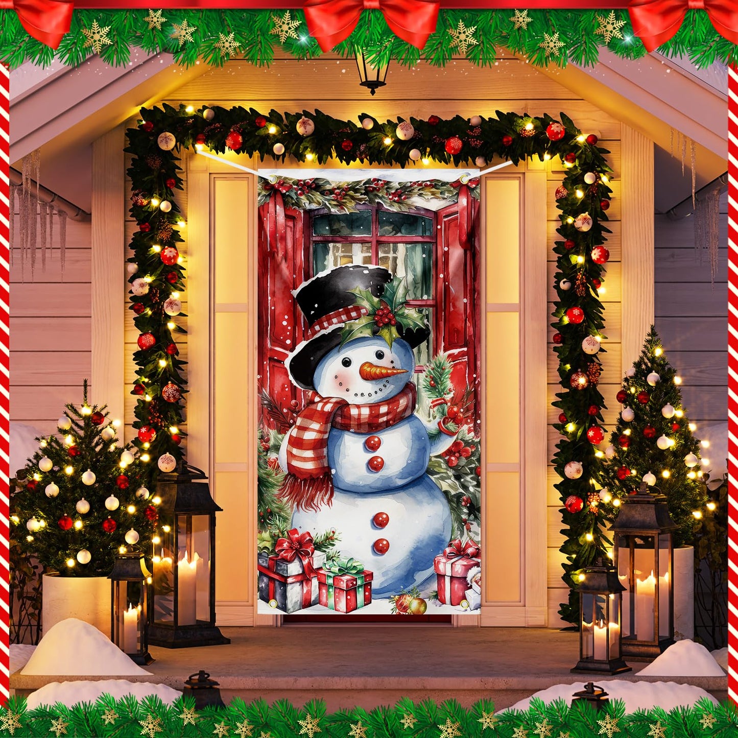 Christmas Door Cover Snowman Decoration Xmas Large Photography Background Banner Porch Sign for Winter Indoor Outside Front Door Banner Farmhouse Party Supplies 6 x 3 Feet