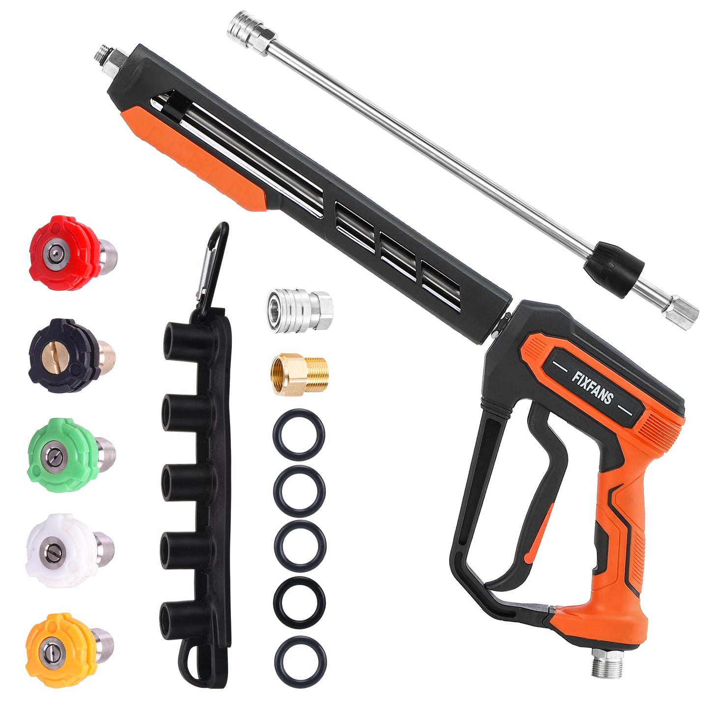 FIXFANS Pressure Washer Gun Kit, 5000PSI Power Washer Handle Gun with Replacement Wand Extension, High Pressure Spray Gun with 5 Nozzle Tips, M22 Fitting, 1/4" Quick Connect Female