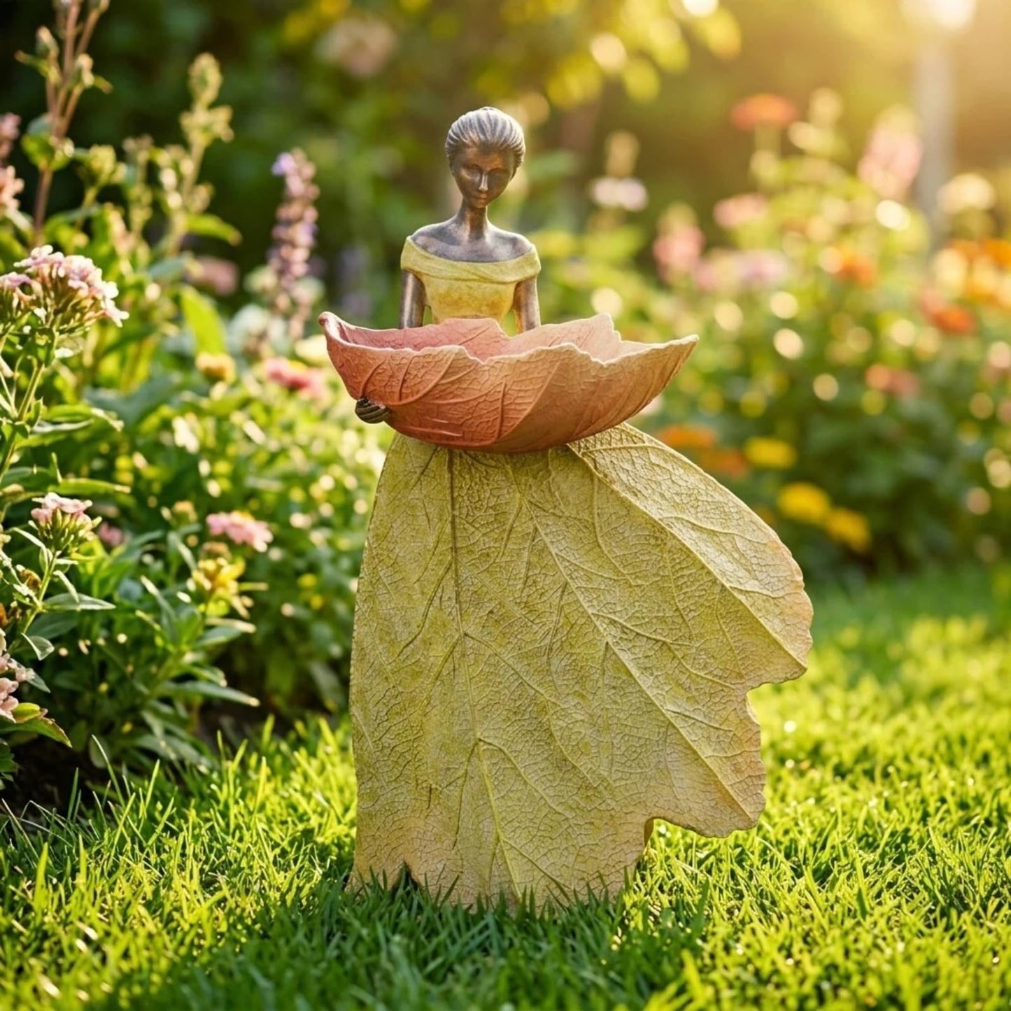 DiliComing Fairy Garden Statue Bird Feeder - 12 Inch Fairy Statue for Home Decoration, Resin Outdoor Statues for Garden Decoration, Best Bird Feeder Gift for Women(Yellow)