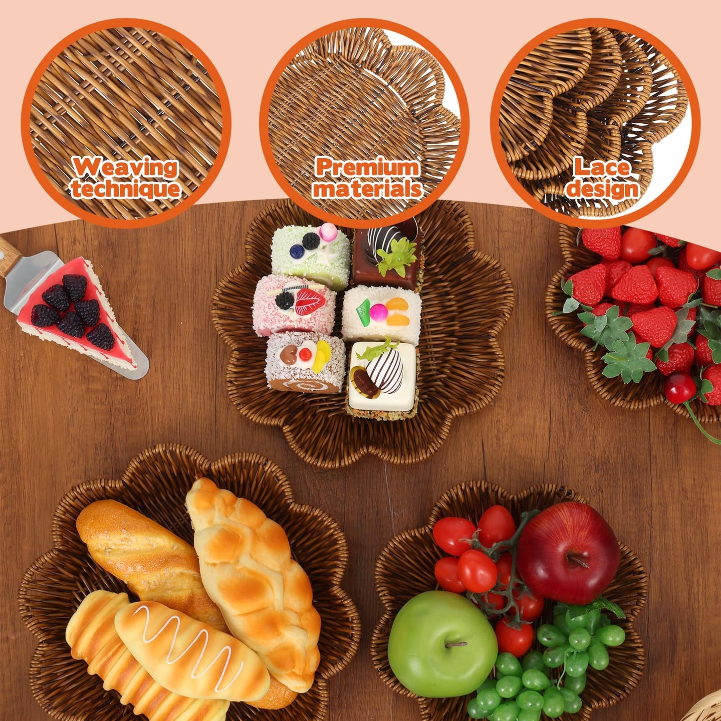 4 Pcs Wicker Bread Baskets, Plum Bossom Shaped Bread Baskets Sets, Vintage Storage Baskets Trays for Bread Food Vegetables Fruit Snacks Tabletop Restaurant Home