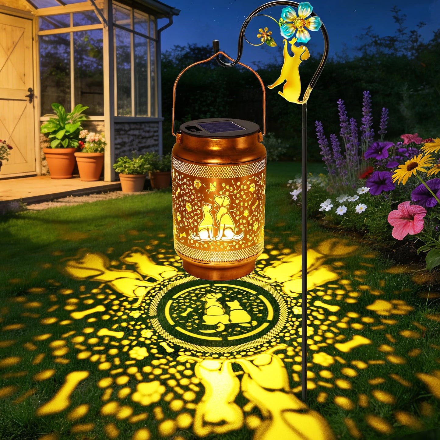 Dog Solar Lanterns Outdoor Waterproof Solar Garden Decor, Birthday Gifts for Mothers Day Women Mom Grandma, Metal Hanging Lights with Shepherd Hook for Outside Yard Patio Pathway Backyard Porch