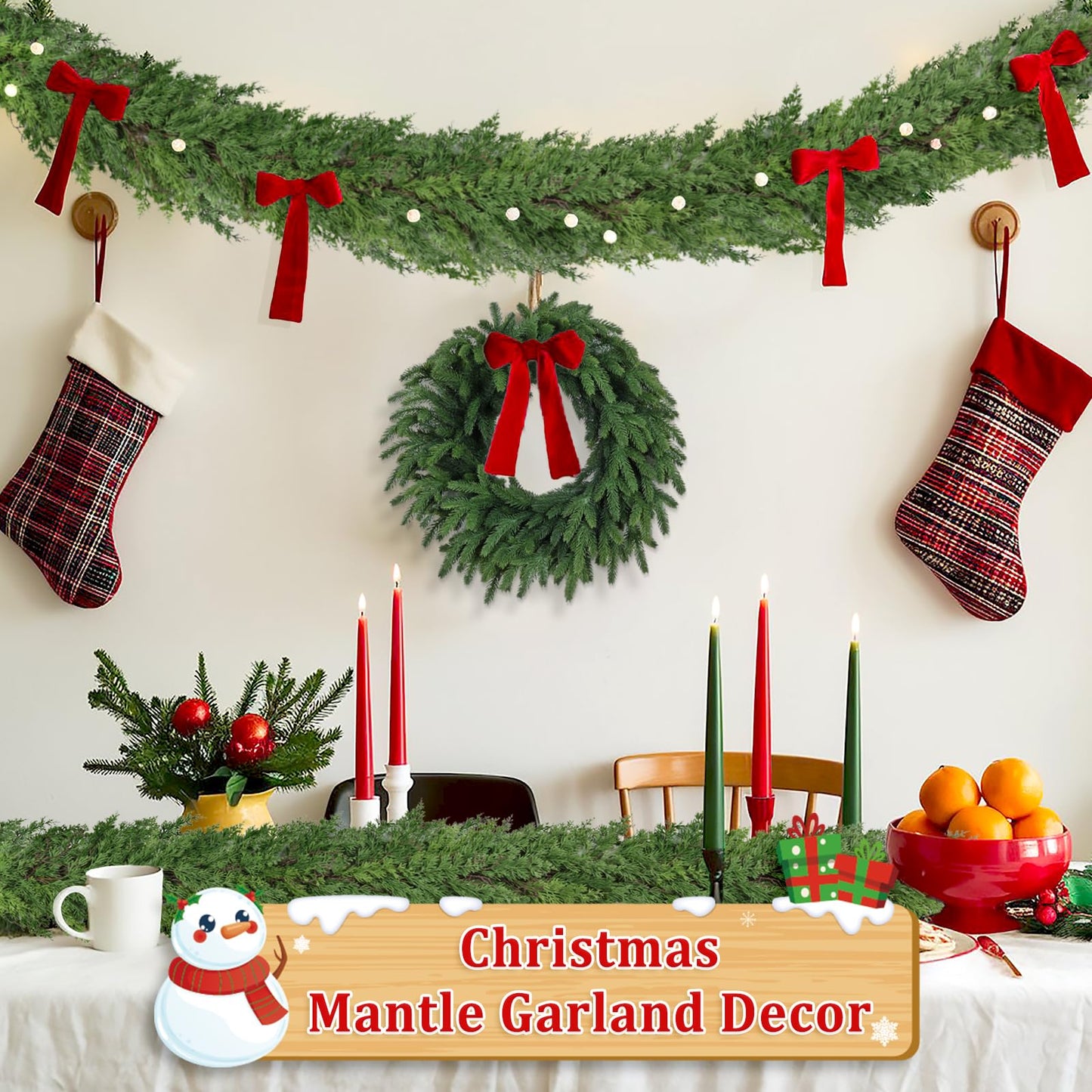 9Ft Christmas Garland for Staircase Railing Soft Bendable Real Touch Artificial Cedar Pine Green Xmas Mantle Garland for Fireplace Porch Table Home Room Yard Christmas Indoor Outdoor Decor(Cedar Pine)