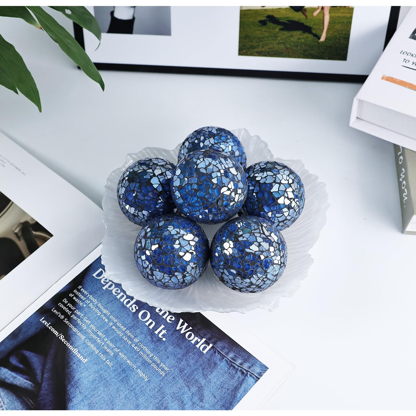 Yazikisa 2.5 Inch Glass Balls Decorative for Bowl Blue 6 PCS Mosaic Crack Orbs Set Solid Round Sphere Globe Vases Filler Coffee Table Holiday Ornaments Mantle Decor Modern
