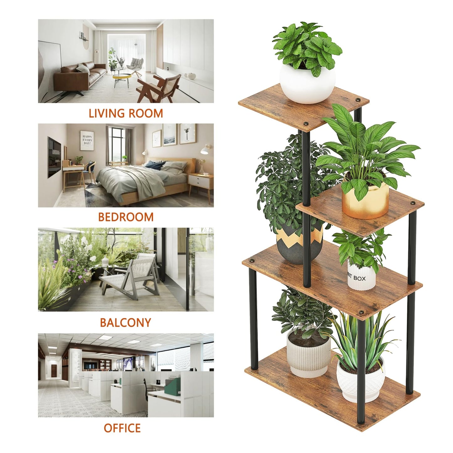 yeavs Plant Stand Indoor, 4-Tier Plant Shelf Multiple Metal Wood Flower Pot Holder for Living Room Office Balcony Patio, Rustic Brown