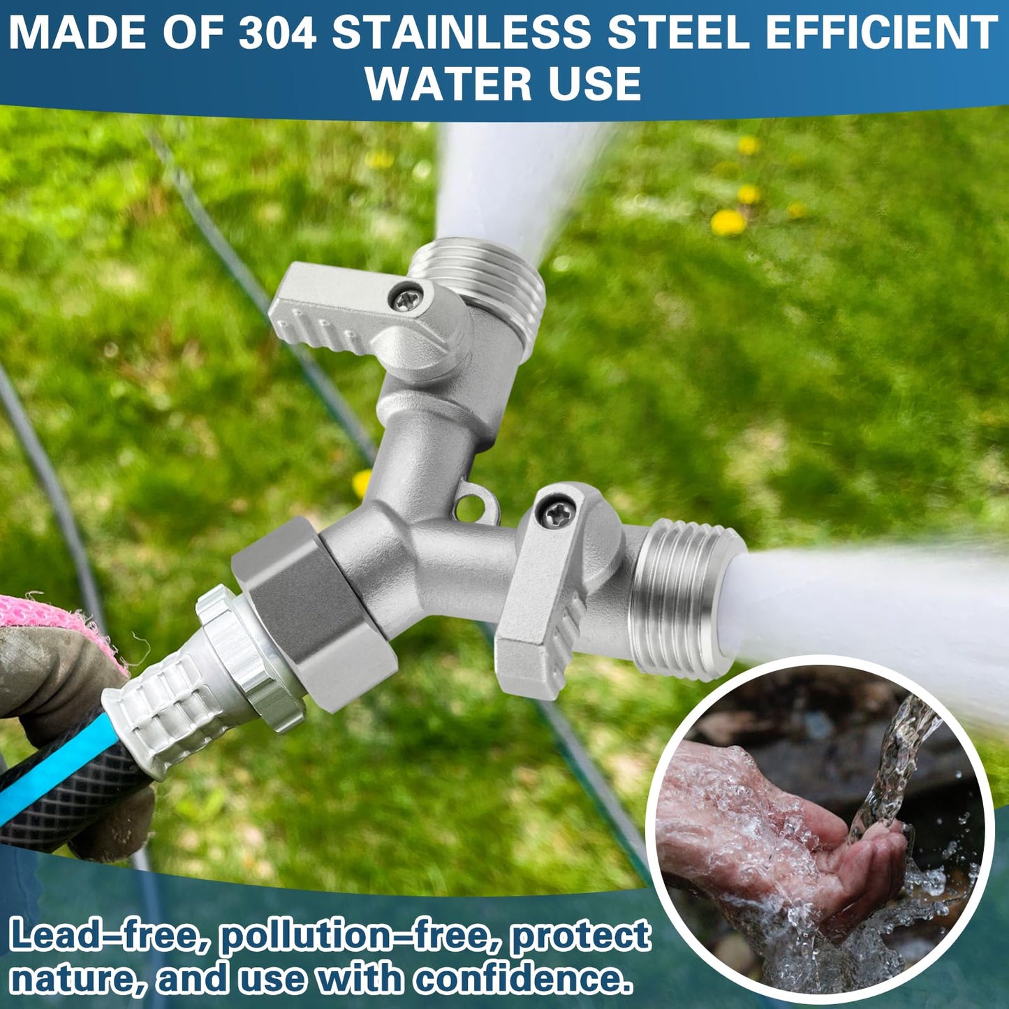 Garden Hose Splitter 2 Way Heavy Duty, 304 Stainless Steel 2Way Hose Splitter, 3/4 Inch Water Hose Splitter 2 Way, Full Flow Garden Hose Y Splitter(All Components are Stainless Steel)
