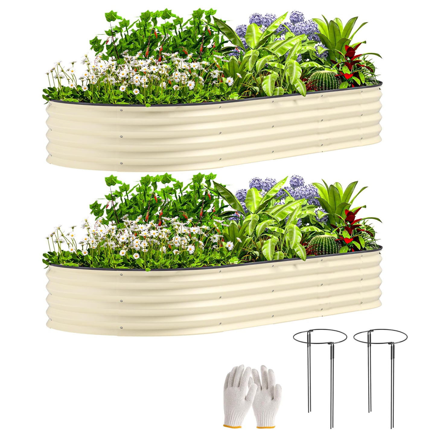 Outsunny 2PCS Galvanized Raised Garden Bed, 7' x 3' x 1' Raised Beds for Gardening with Plant Support Stakes, Rubber Strap Edging and Gloves, Metal Planter Box for Vegetables, Flowers, Cream White