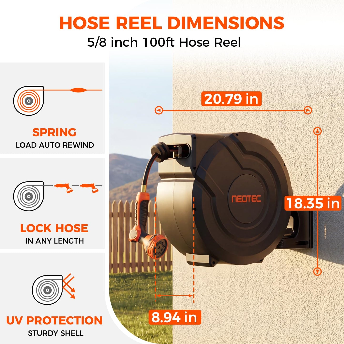 Upgraded Retractable Garden Hose Reel 5/8 inch x 100 ft 9 Pattern Nozzle Wall-Mounted Any Length Lock Automatic Slow Return 180° Swivel UV Resistant Heavy Duty Hose Reels for Outside