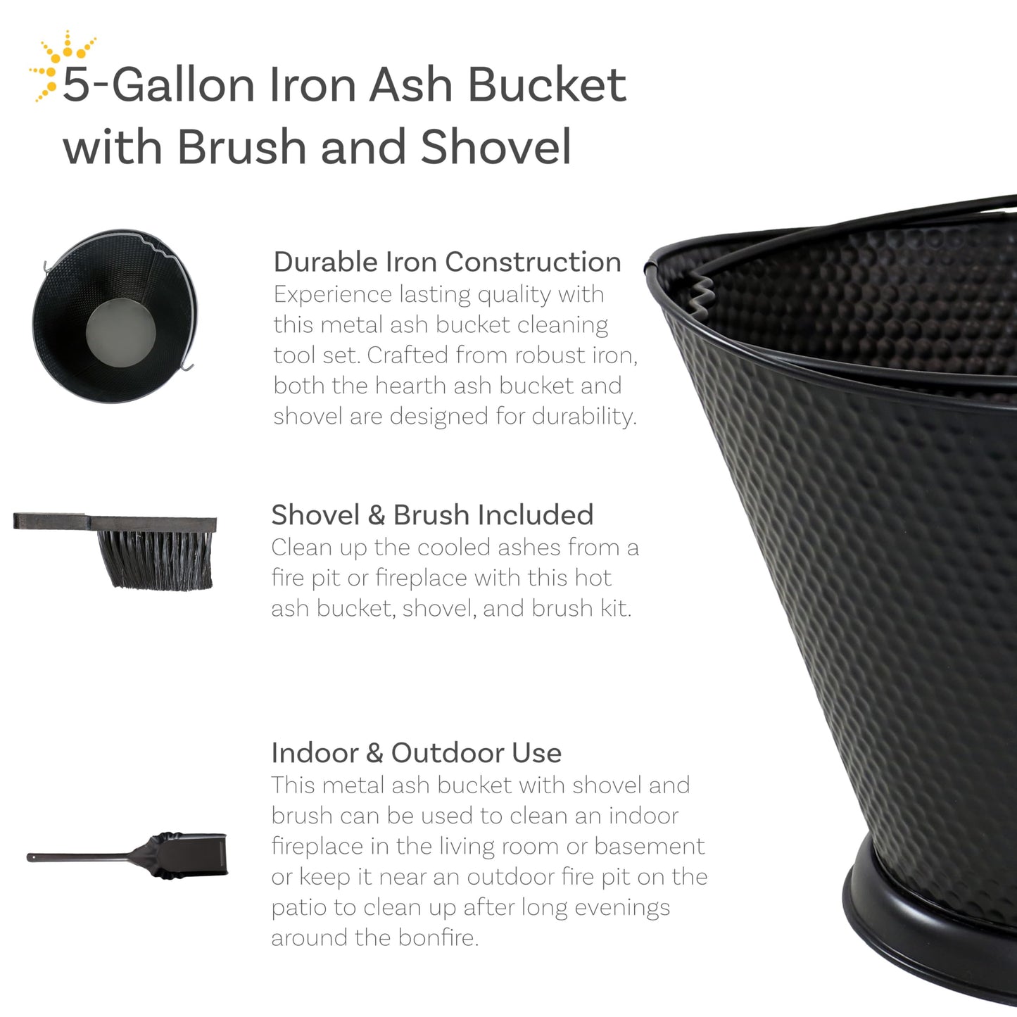 Sunnydaze 5-Gallon Fireplace Ash Bucket with Shovel and Brush - Iron Ash Bucket for Indoor Fireplaces or Outdoor Fire Pits