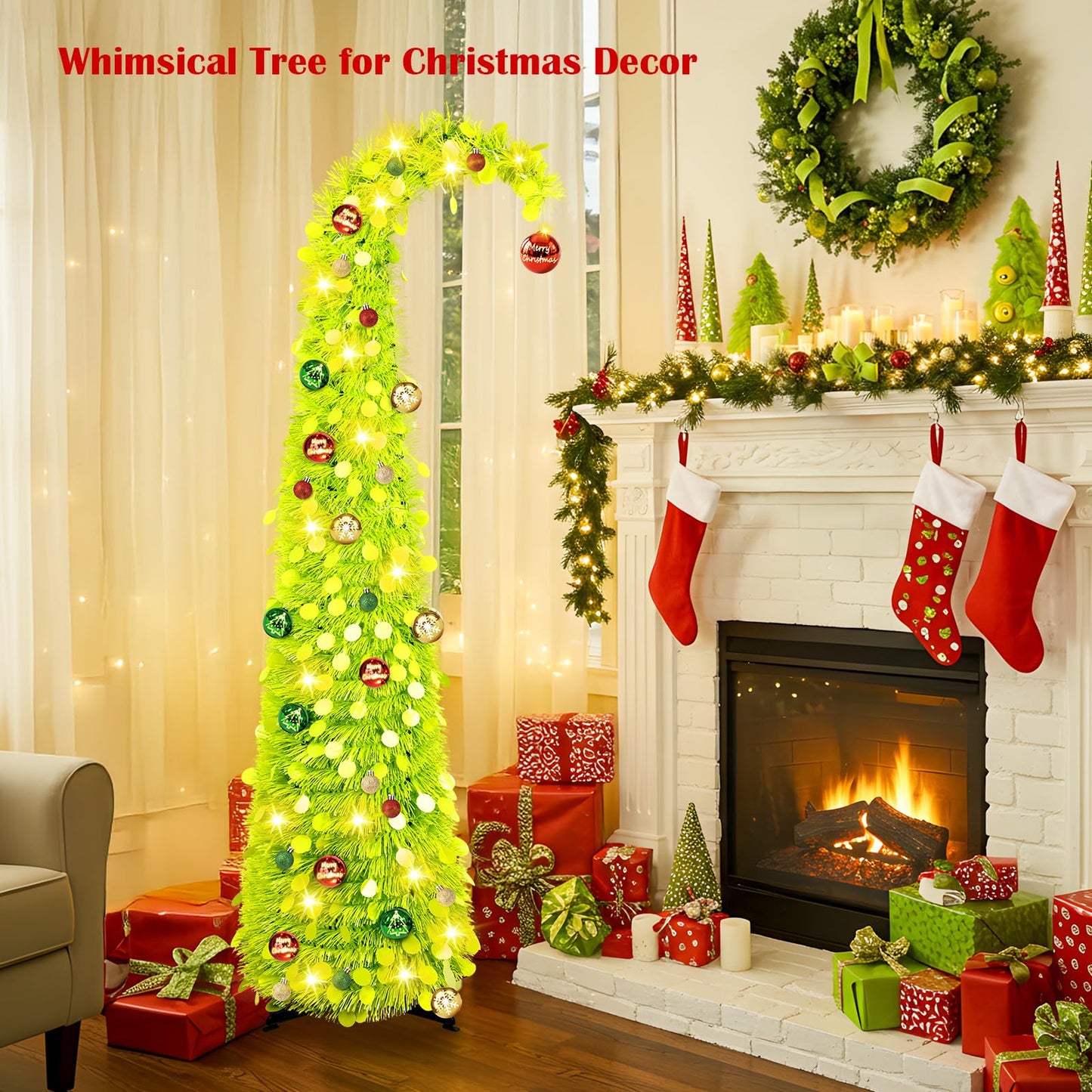 MACTING Whimsical Christmas Tree with Ball String Lights 5FT Green Pop Up Curved Tree with 15 Ball Lights & Hanging Ornaments Collapsible Tinsel Tree for Apartment Porch Indoor Xmas Halloween Decor