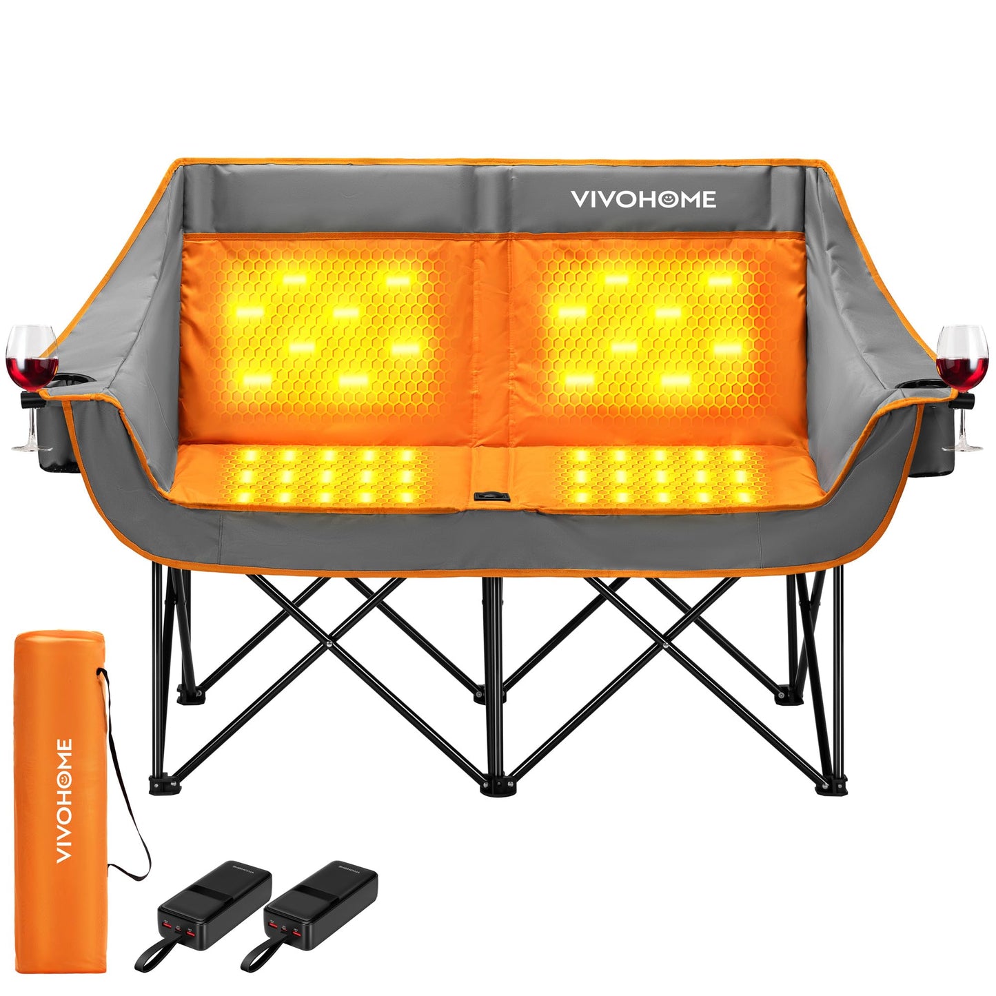 VIVOHOME 45W Padded Heating Double Camping Chair with 2 x 27000mAh Power Bank, Heated Oversized Portable Loveseat for Outdoor Sports, 3 Levels of Heat, Overheat Protection System, Orange and Gray