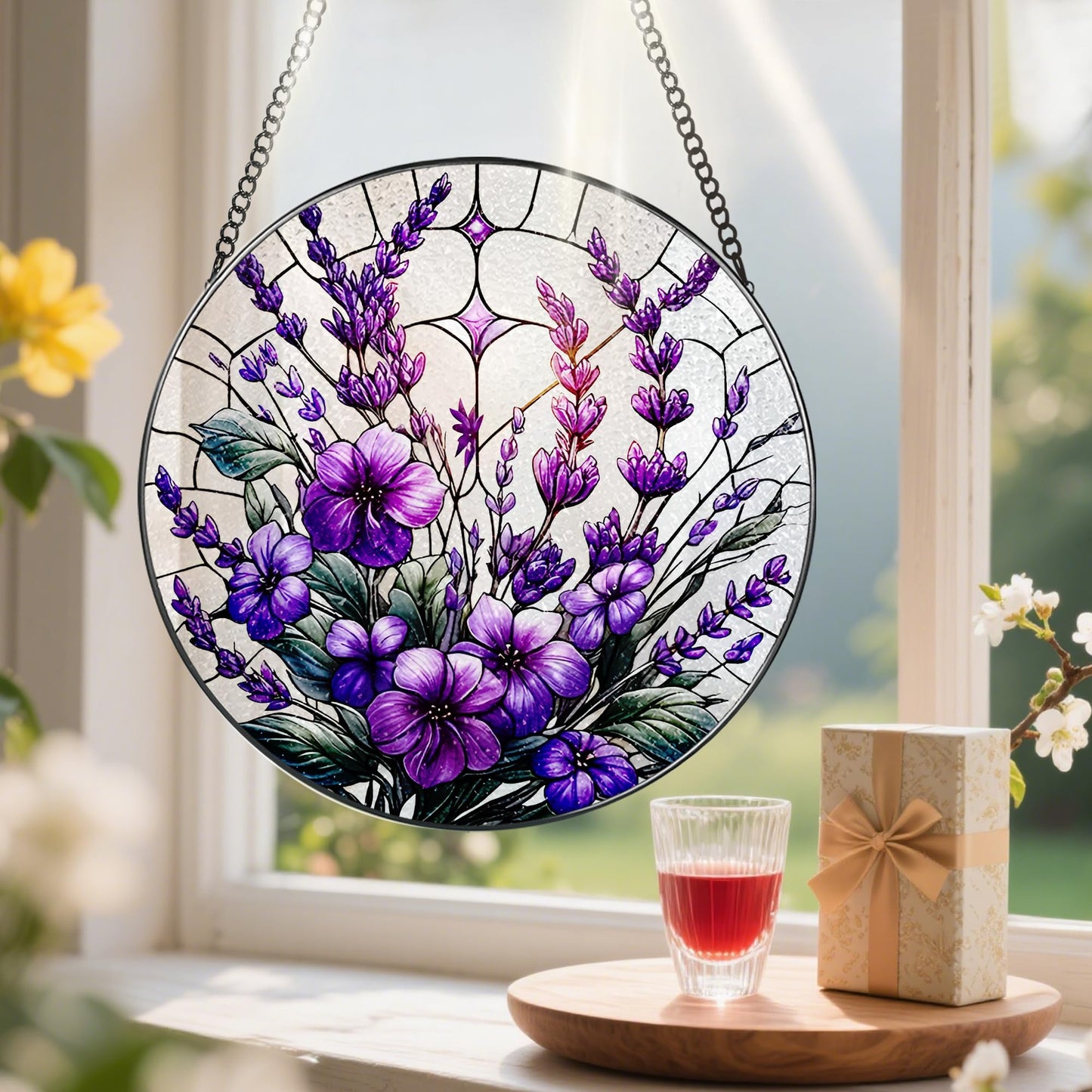Bauhinia&Violets Flower Stained Glass Suncatcher, Stained Glass Window Hanging, 8 Inch Window Hanging Decor, Christmas, Mother's Day, Birthday Gifts for Mom, Grandma, Women, Wife, Lovers