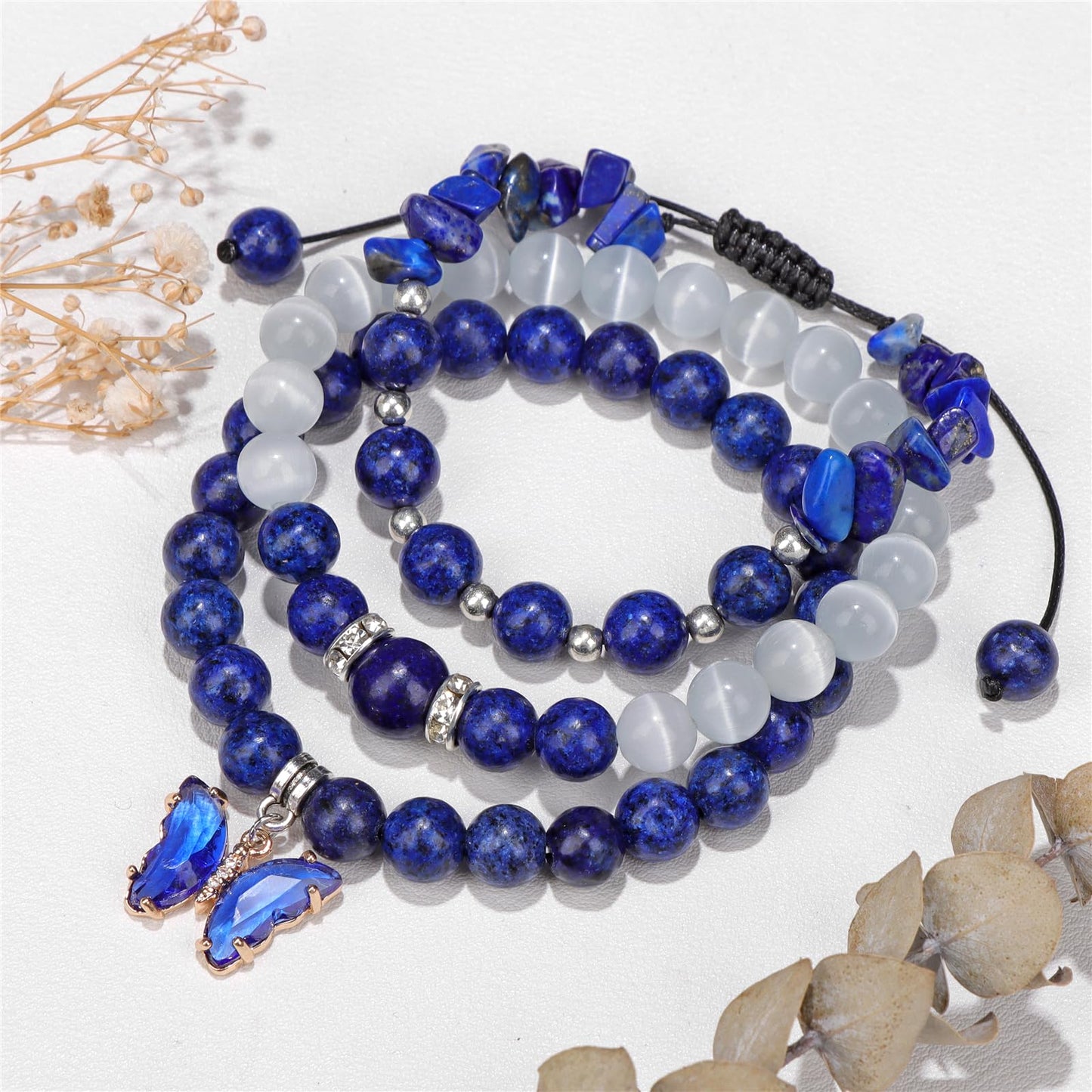 Raicegs Healing Crystal Bracelets for Women Lapis Lazuli Butterfly Bracelet Set 8mm Natural Stone Beaded Bracelet Anxiety Stress Relief Purple Bracelets for Women