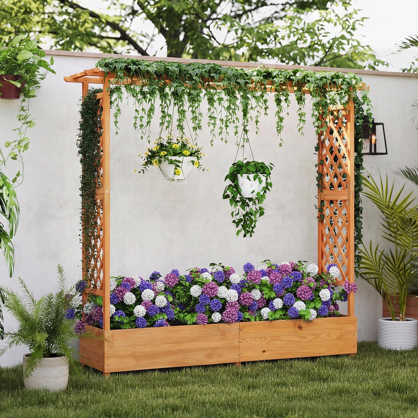 Giantex Raised Garden Bed with Trellis & Hanging Roof, Wood Planter Box with Bottom and Drainage Holes, Freestanding Garden Planter for Flower Vegetable Fruit Herb Climbing Vines, 77"x17"x70"